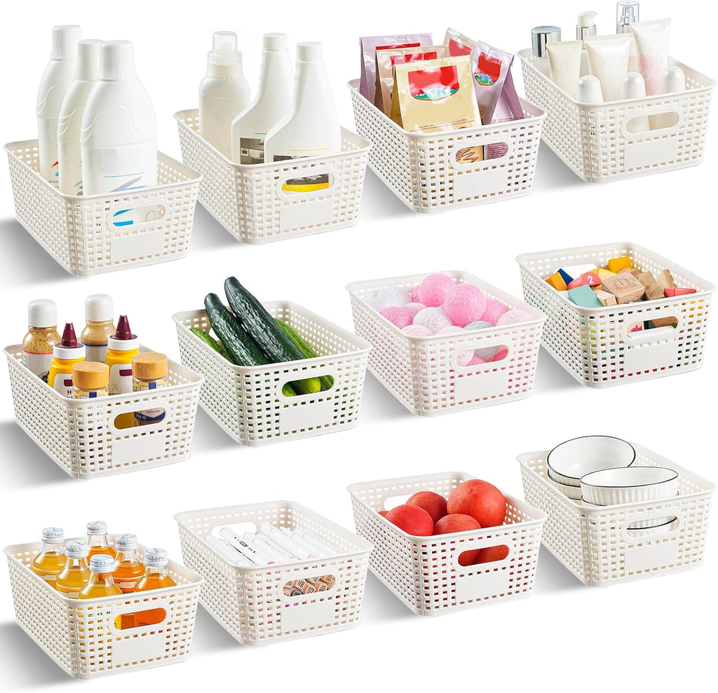 12 Pack Plastic Storage Baskets for Organizing, Storage Baskets for Shelves with Handles, Plastic Storage Bins with Labels, Organizer Baskets for Office, Pantry Organizers and Storage,Cabinet,Closet