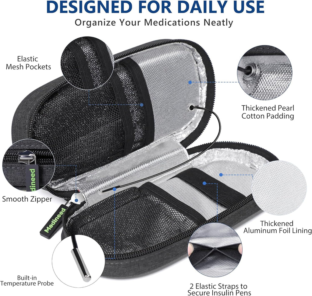 Insulin Cooler Travel Case TSA Approved with Temperature Display – Diabetic Medication Travel Case with 2 × 90g Ice Packs, Portable Medicine Organizer for 3–4 Insulin Pens and Diabetic Supplies(Black)