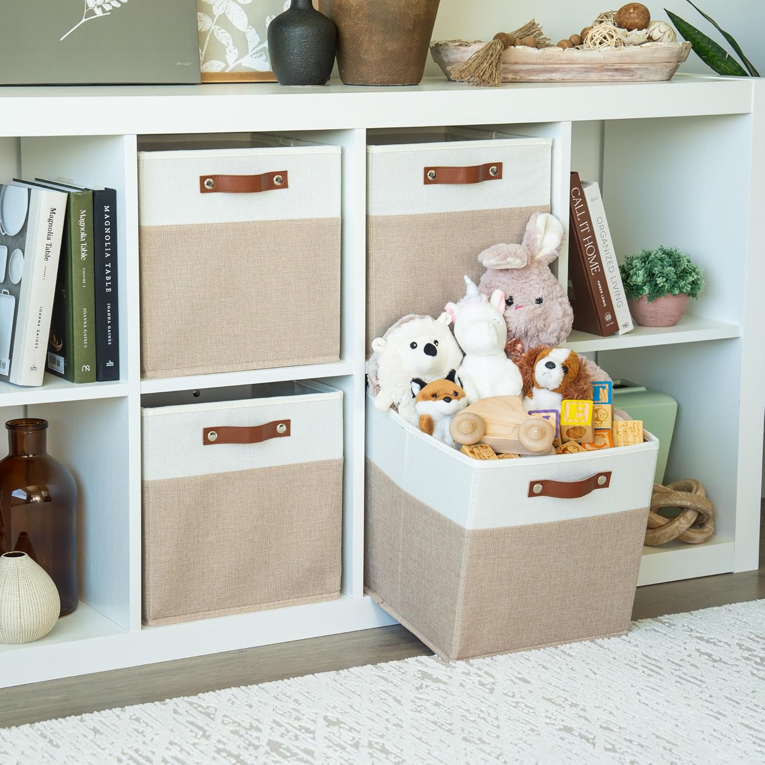 OrganiHaus 12" x 12" x 12" Fabric Storage Bins - Set of 4, Cube Canvas Organizer Bins with Vegan Handles, Kallax Storage Cubes, 12 Inch Cubic Baskets for Shelves - Beige/White