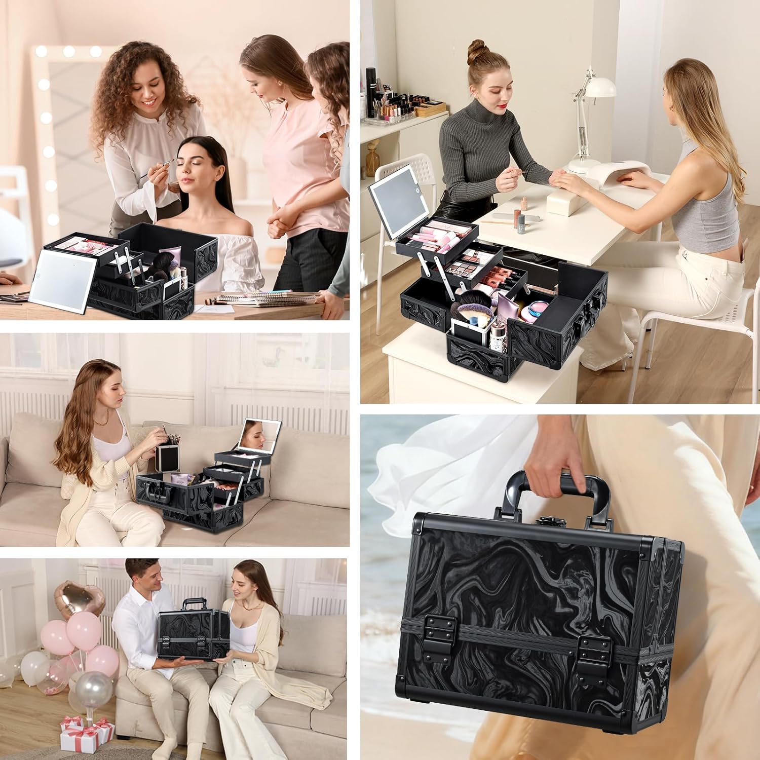 Travel Makeup Case with LED Lighted Mirror - 11.6" Portable Makeup Organizer Box, Cosmetic Train Case with Detachable Brush Holder - Fluid Black