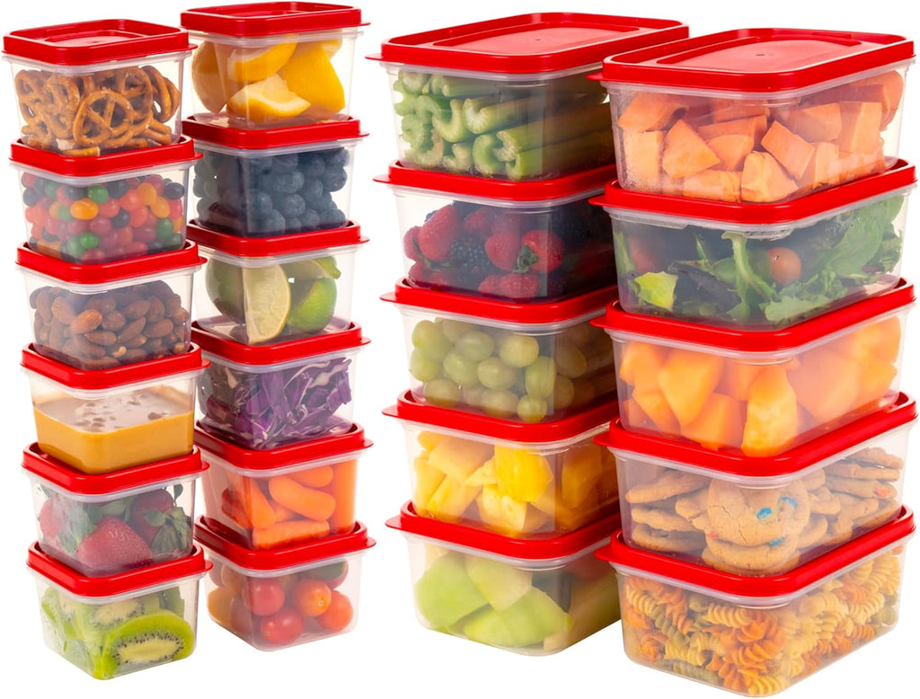 IRIS USA Meal Prep Containers, 44 PC, 12oz + 45oz Combo Set, 22 Food Storage Containers With Lids, To Go Lunch Plastic Food Storage Food Prep, Microwave Dishwasher Freezer Safe, BPA Free, Clear/Red