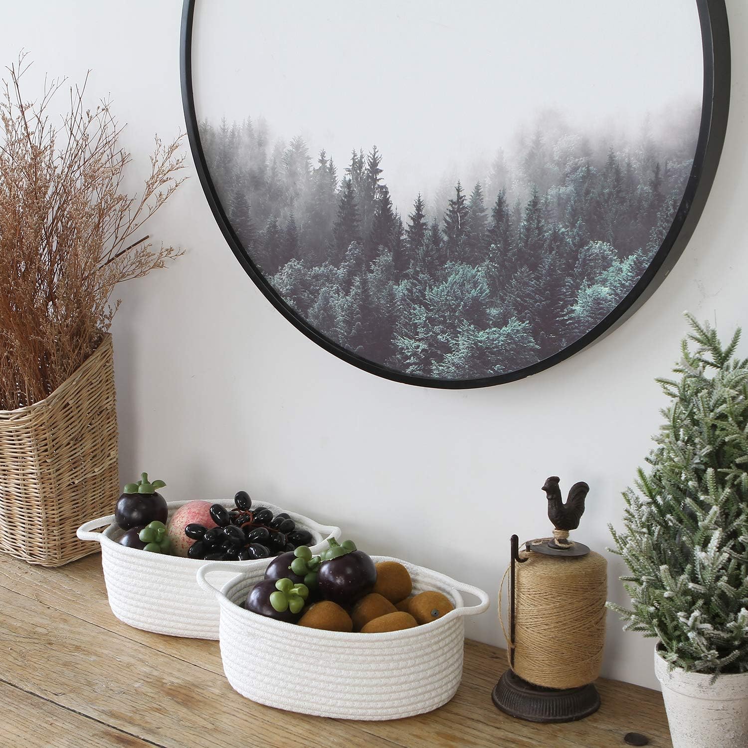 Sea Team 2-Pack Cotton Rope Baskets, 10 x 7 x 4 Inches Small Woven Storage Basket, Fabric Tray, Bowl, Oval Open Dish for Fruits, Jewelry, Keys, Sewing Kits (White)