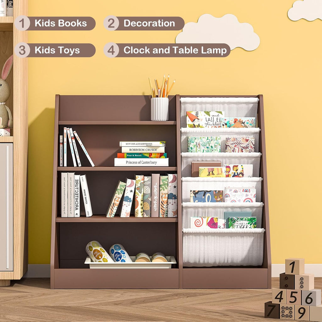 Kids Bookshelf Toy Storage Organizer 4-Tier Wood Book Rack Toddler Bookcase Baby Book Toy Display Shelf 5 Sling Bookshelf for Playroom Bedroom Nursery Classroom Church Espresso