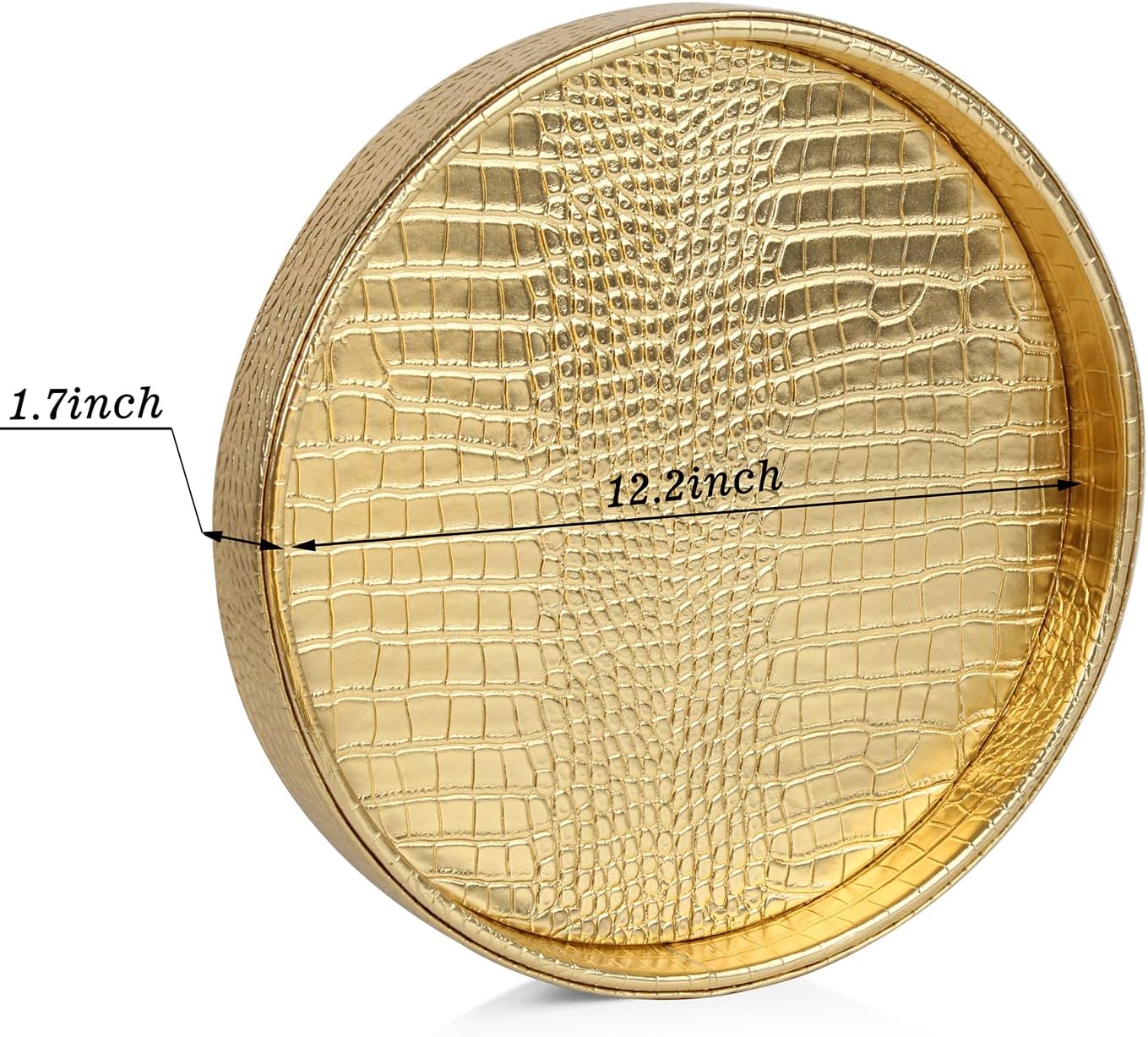 HofferRuffer Faux Leather Round Serving Tray, Vegan Croco Leather Decorative Tray, Food Tray for Storage Drinks, Snack & Cosmetics, Dia.12'' x 1.6'' (Gold)
