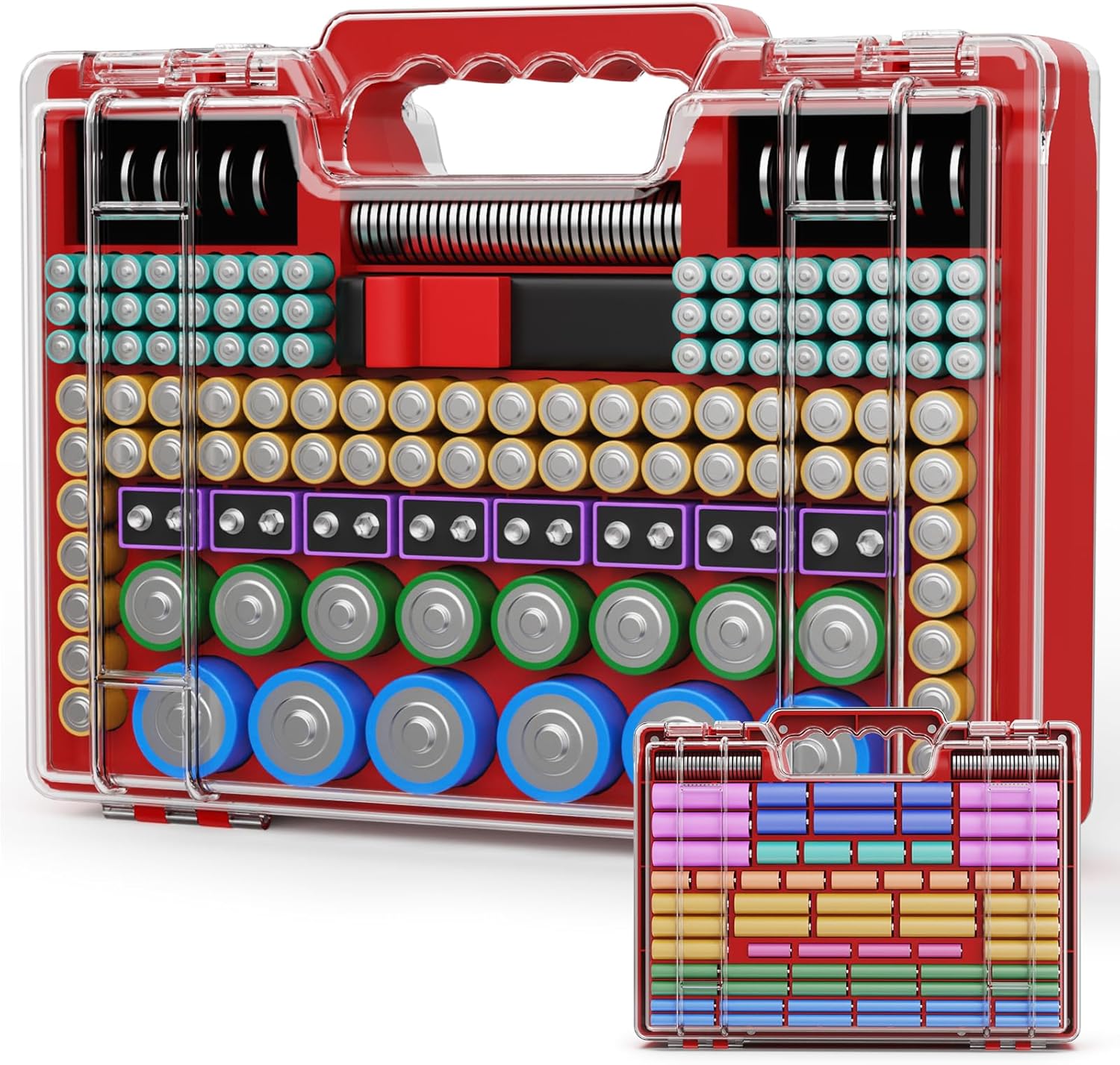 Battery Organizer Storage Case with Tester, Ultra-Large 265+ Double-Sided Batteries Container with Handle, Holds AA AAA 4A 23A C D Cell 3V 9V Lithium CR3 4LR44 CR123A 18650 (Red)