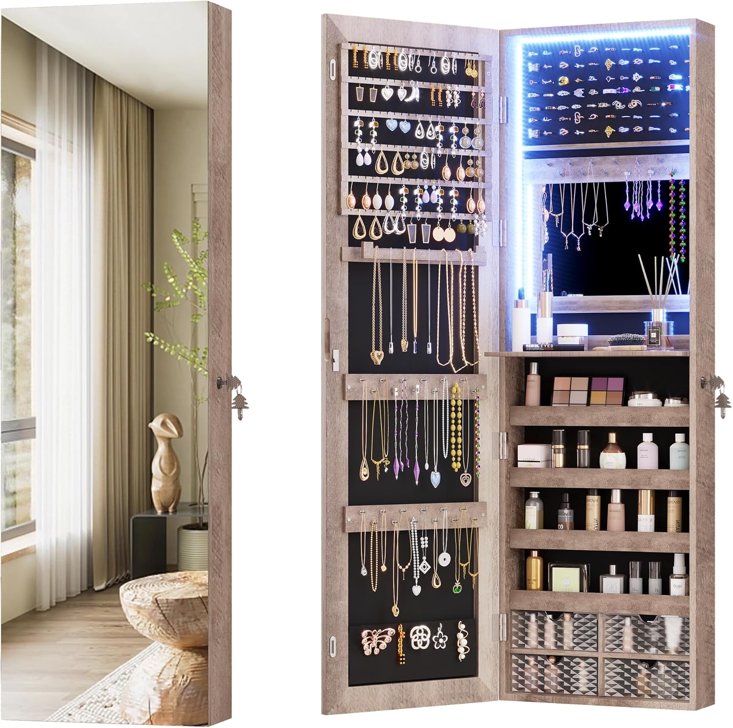 Vlsrka 47.2 Inch Full Length Mirror with Storage, Wall Mount Mirror Jewelry Cabinet, Over The Door Hanging Jewelry Armoire Organizer, Built-in Light, 4 Drawers, 5 Shelves, Lockable (Wood)