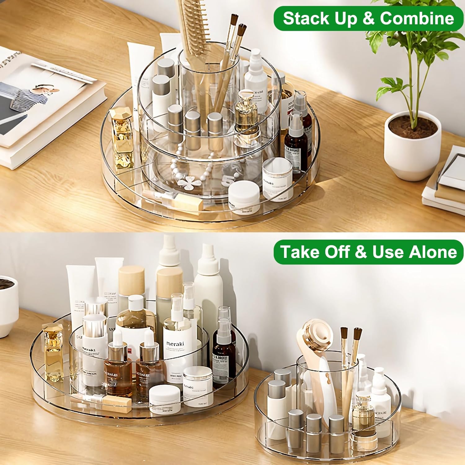 Taiuloo 360 Rotating Makeup Organizer, Clear Acrylic Lazy Susan Cosmetic Storage Turntable for Skincare, Perfume & Lipstick, Round Spinning Tray with Brush Holder for Vanity, Bathroom