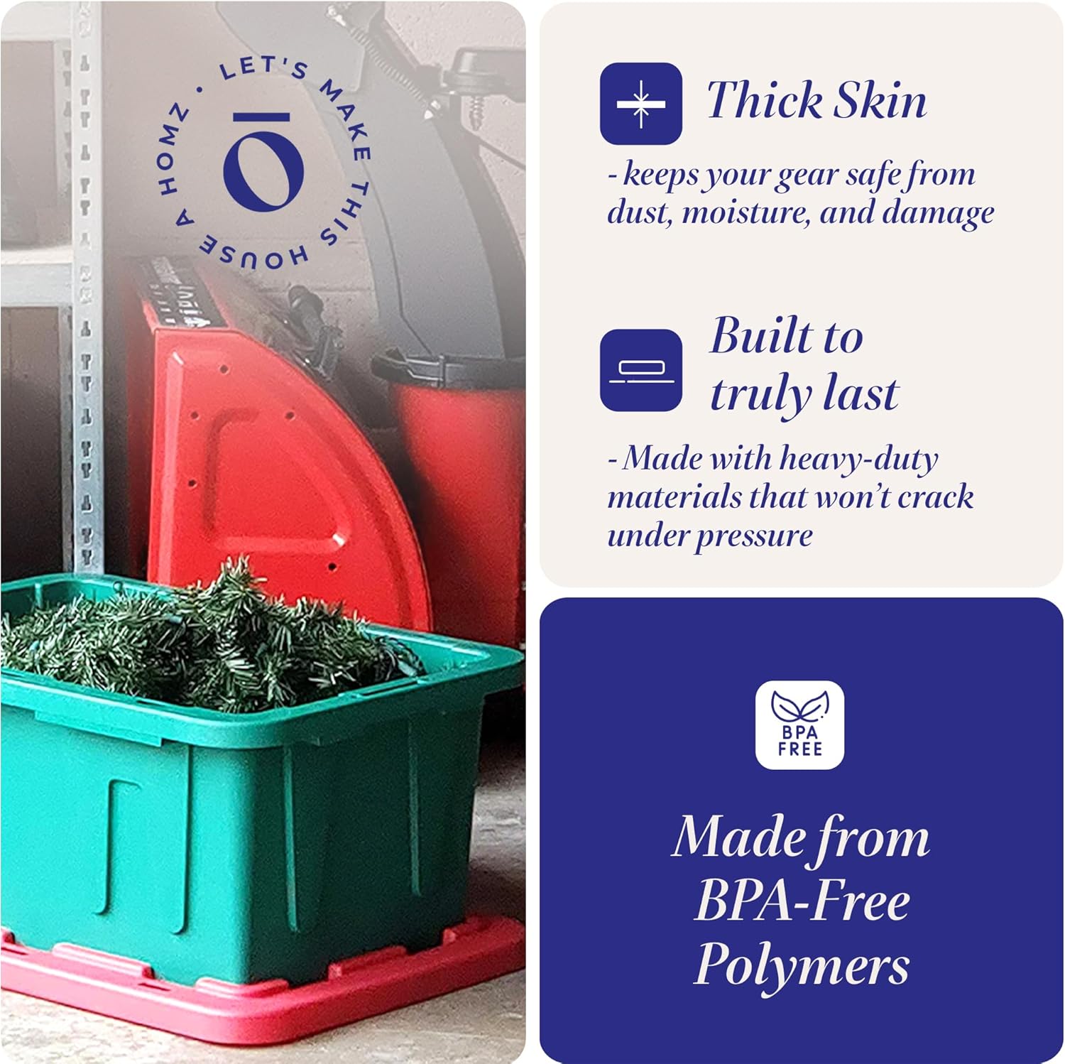 HOMZ 2-Pack Durabilt, Heavy Duty Plastic Storage Bins with Lids, 15 Gallon, Green/Red - Stackable Container Boxes for Holiday, Attic, and Garage Organization