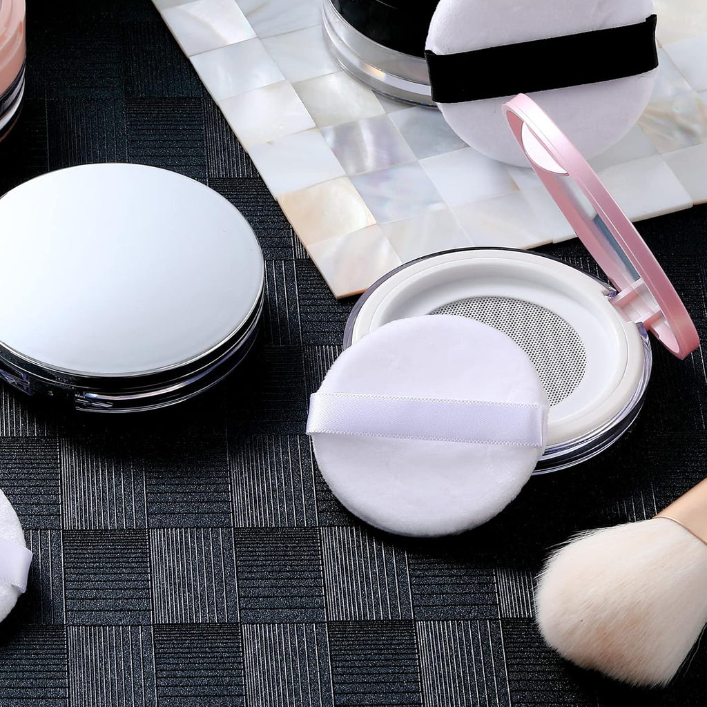 Cunhill 2 Pcs Loose Powder Container with Puff 0.17/0.7 oz Reusable Plastic Portable DIY Makeup Empty Powder Case with Mirror and Net Sifter(Pink, Silver)