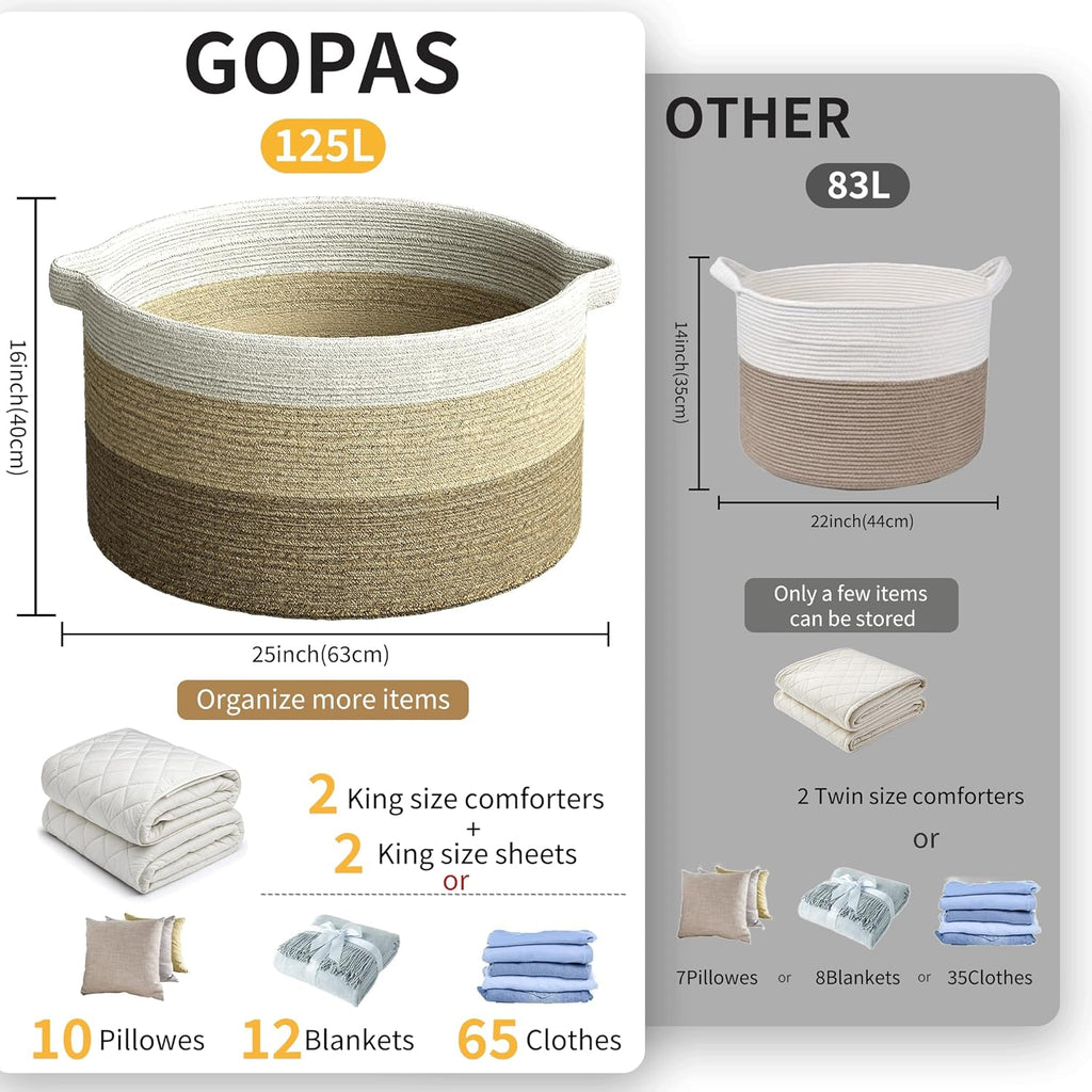 125L Extra Large Blanket Basket, 25" x 16", Jumbo Laundry Woven Cotton Rope Basket with Handles, Baby Toy Storage, Gradual Brown