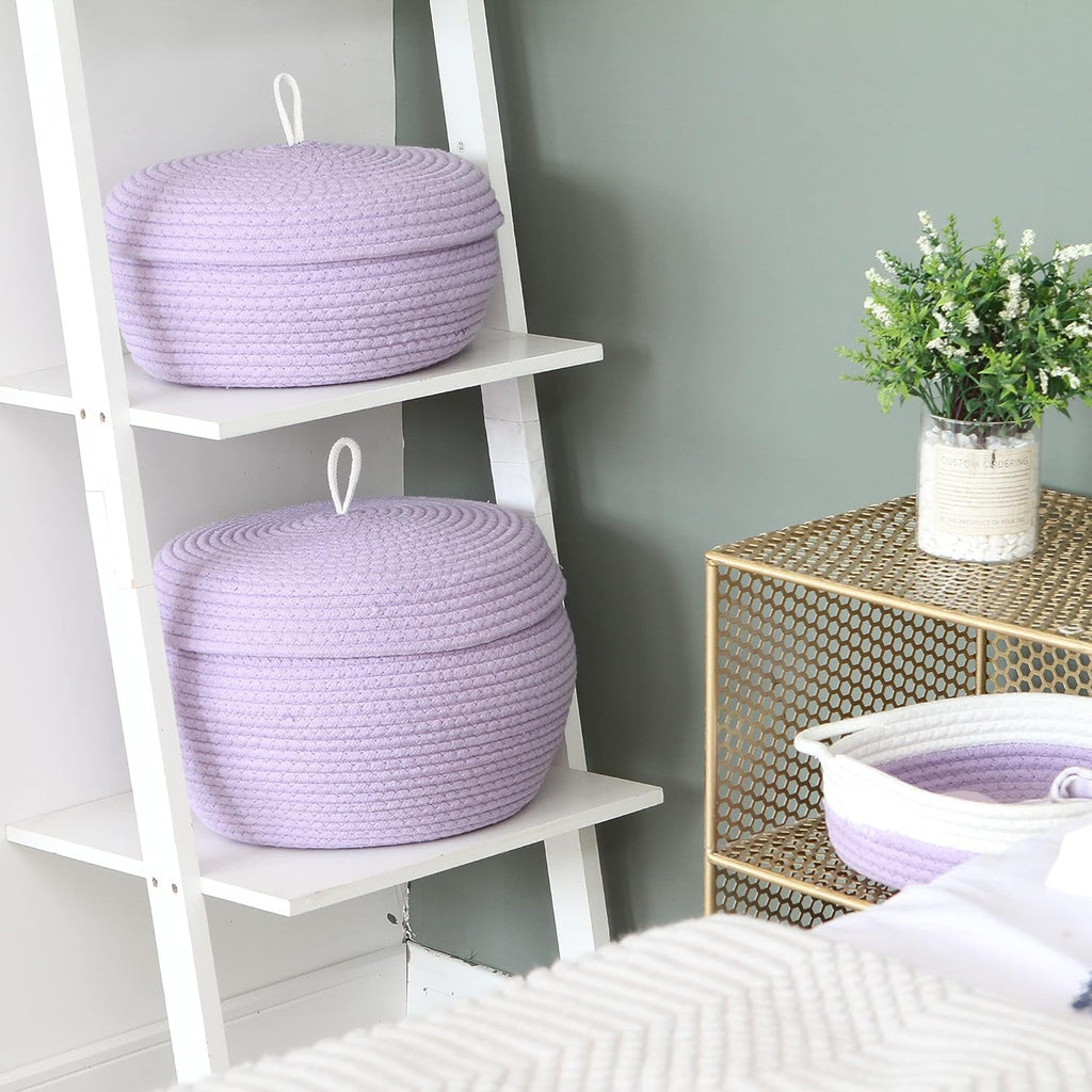 Sea Team Round Cotton Rope Storage Basket with Lid, Decorative Woven Storage Bin, Pot, Caddy, Organizer, Container for Snacks, Towels, Plants, 13 x 5.5 Inches (Large, Shallow, Lavender)