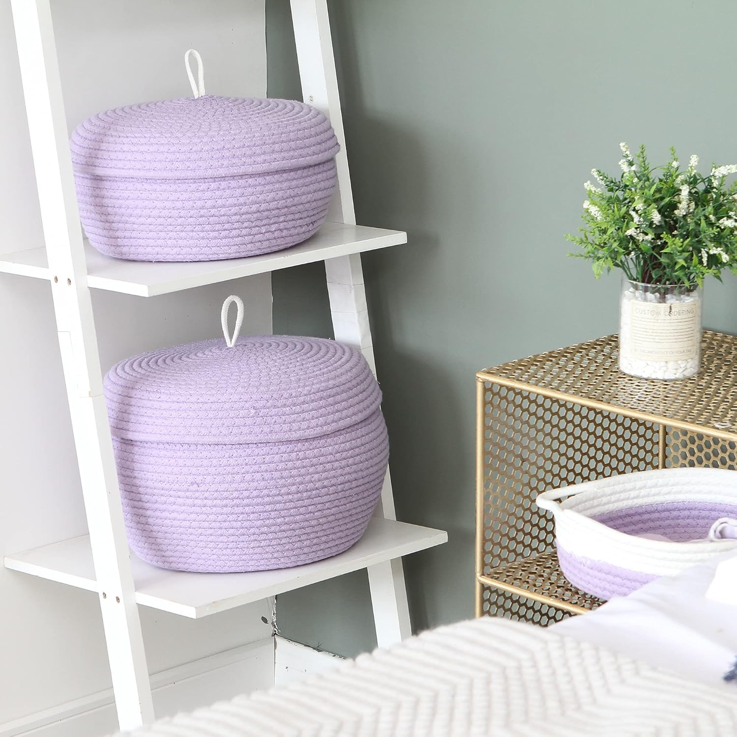 Sea Team Round Cotton Rope Storage Basket with Lid, Decorative Woven Storage Bin, Pot, Caddy, Organizer, Container for Snacks, Towels, Plants, 13 x 5.5 Inches (Large, Shallow, Lavender)
