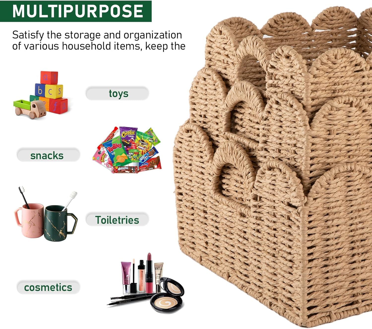 OIAHOMY Scalloped Wicker Baskets, Hand-woven Storage Baskets with Built-in Handles, Paper Rope Shelf Baskets for Organizing and Decoration, Set of 3-Yellow