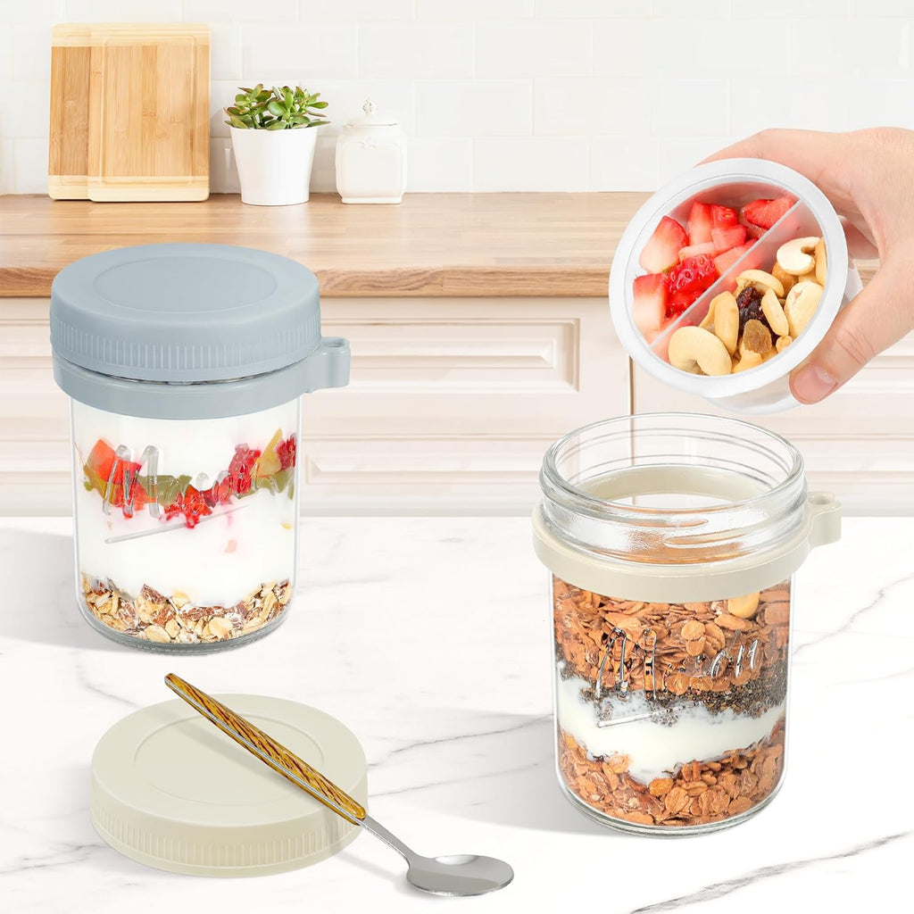 2 Pack Overnight Oats Containers with Lids and Spoons, 16 oz Mason Jars with Removable Separate Compartments, Airtight and Leak-Proof Glass Jars for Chia Pudding, Yogurt, and Oatmeal