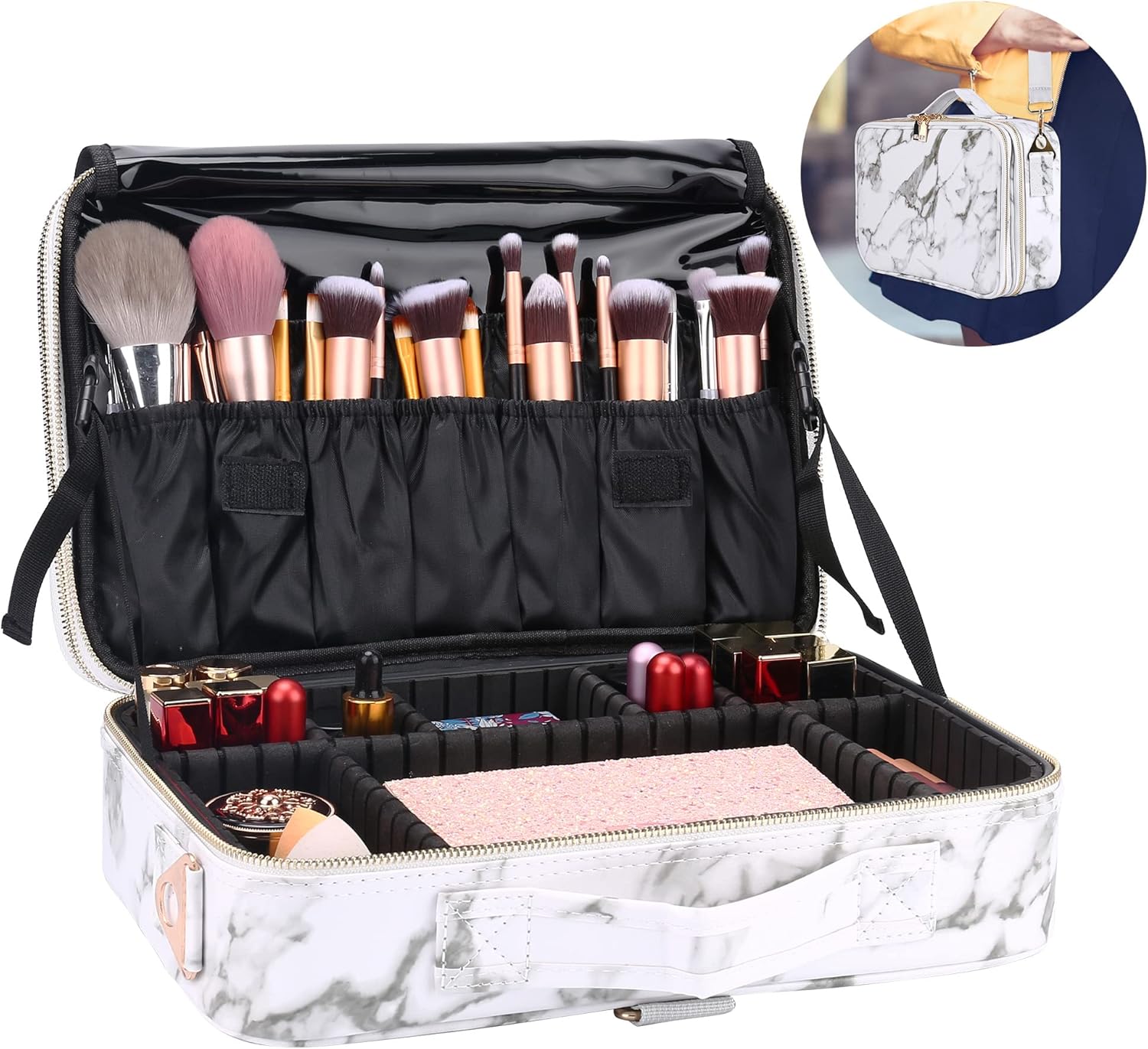 JOURMON Travel Makeup Train Case,Large Capacity Cosmetic Bags for Women,Portable Makeup Bag Organizer with Adjustable Dividers & Shoulder Strap(Marble White, Medium)
