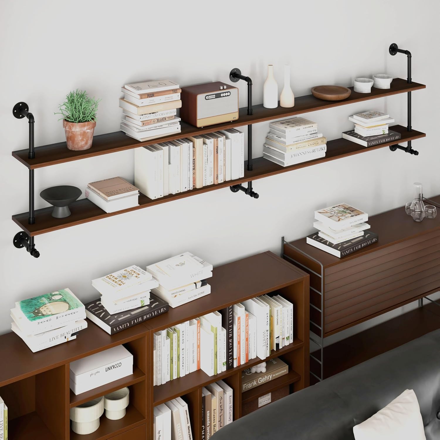 Industrial Pipe Wall Shelves Pipe Shelving with Real Wood Plank ,70 Inches Floating Shelves for Wall Farmhouse Pipe Book Shelves Dark Brown 2 Tier for Kitchen,Living Room Decor and Bar Shelving