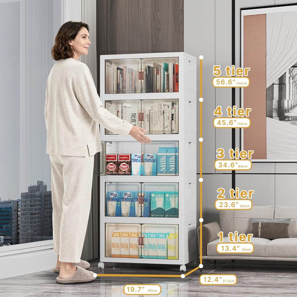 Extra Large Stackable Storage Bins with Lids & Wheels & Door, 260QT-52QT/13GAL*5Pack Foldable Collapsible Closet Organizers, Plastic containers drawers for bedroom Dorm