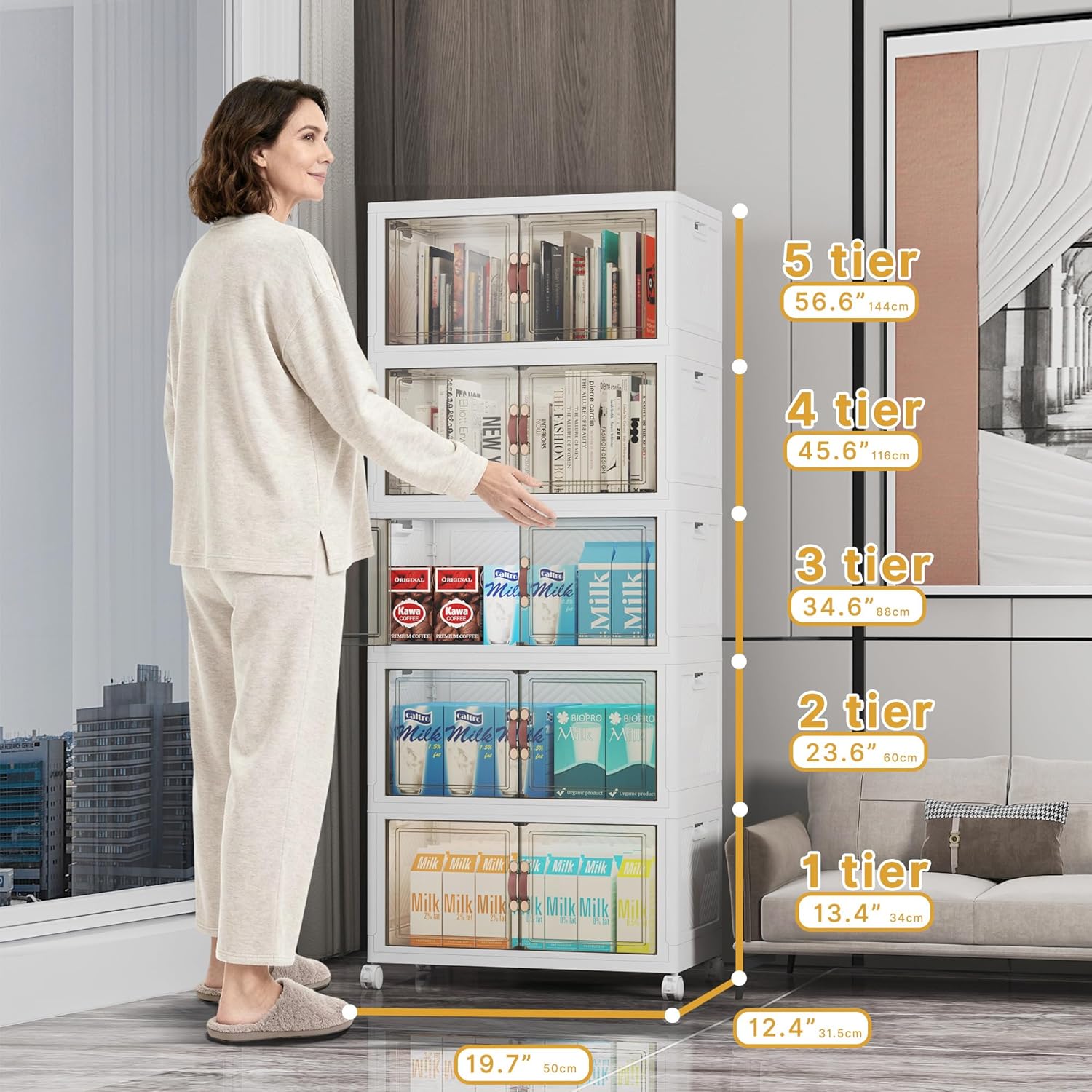 Extra Large Stackable Storage Bins with Lids & Wheels & Door, 260QT-52QT/13GAL*5Pack Foldable Collapsible Closet Organizers, Plastic containers drawers for bedroom Dorm