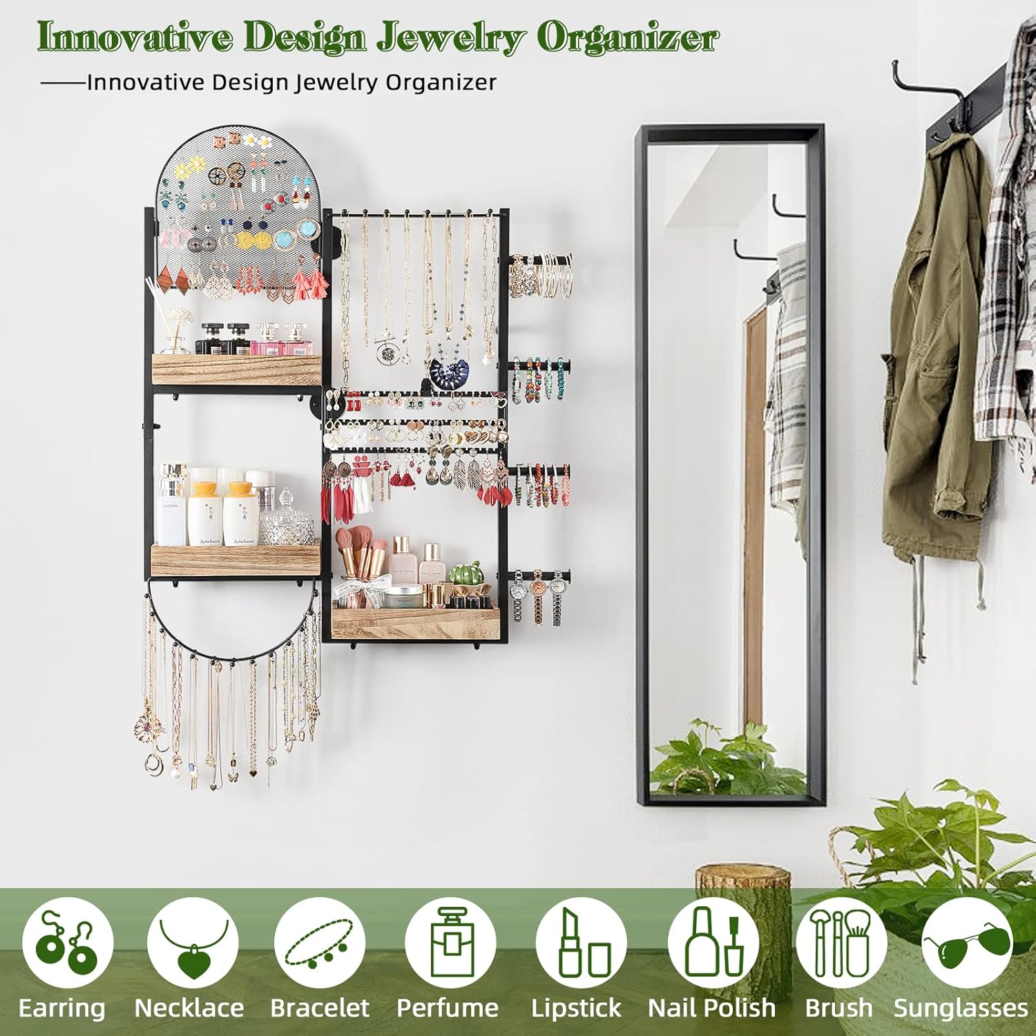 Keebofly Jewelry Organizer - Large Wall Mount Hanging Jewelry Holder Display for Earrings, Rings, Necklaces, Bracelets, Makeup, Perfume & Watches