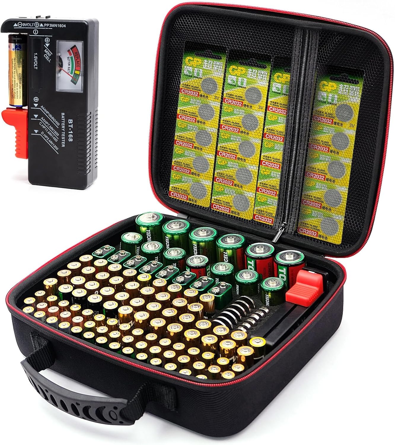 Glamgen Battery case organizer with Tester (BT168), Battery Storage case Holds 126 Batteries Various Sizes AAA AA C D 9V Lithium 3V, Batteries Holder Organizer