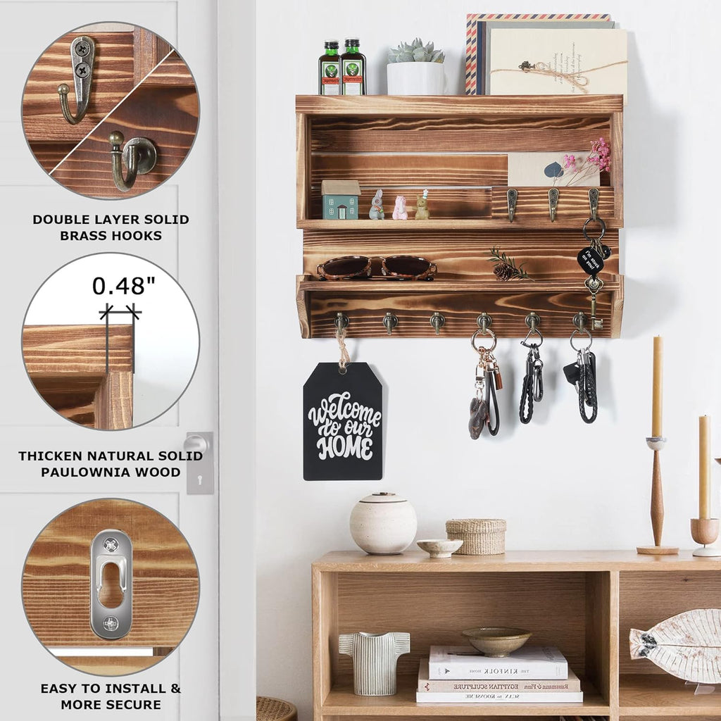 Innovation Key and Mail Holder for Wall, Key Holder Wall Mount, Mail Organizer with 9 Hooks, Light Brown