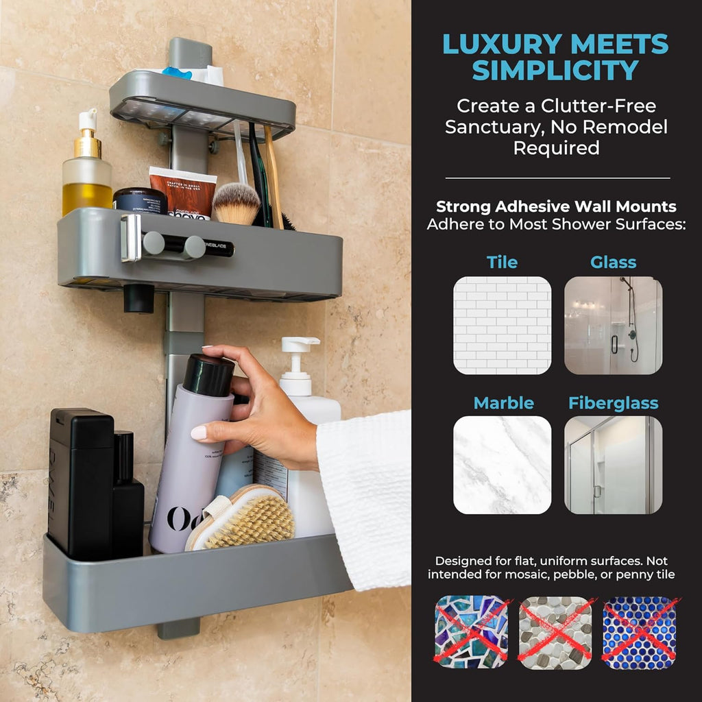 Rust Resistant Hygienic Shower Caddy – Hanging Bathroom Organizer with Adjustable Shelves, Easy Clean Trays & Magnetic Hooks for DIY Remodels & Shower Niches - Graphite