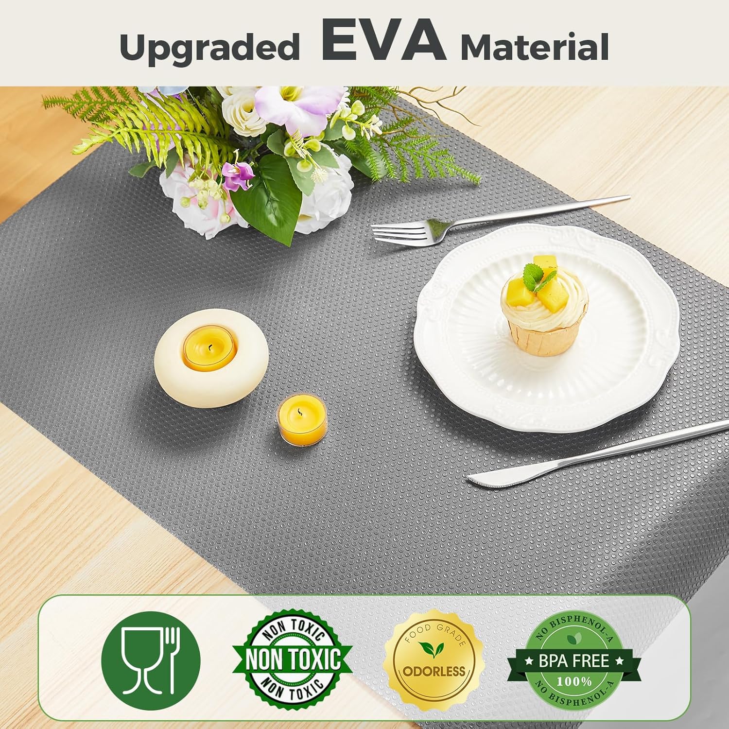 100% EVA Shelf Liner for Kitchen Cabinet, 12" x 240" Drawer Liners Non Adhesive Non Slip Waterproof Plastic Paper, Dresser Pantry Bathroom Refrigerator Protector, Grey