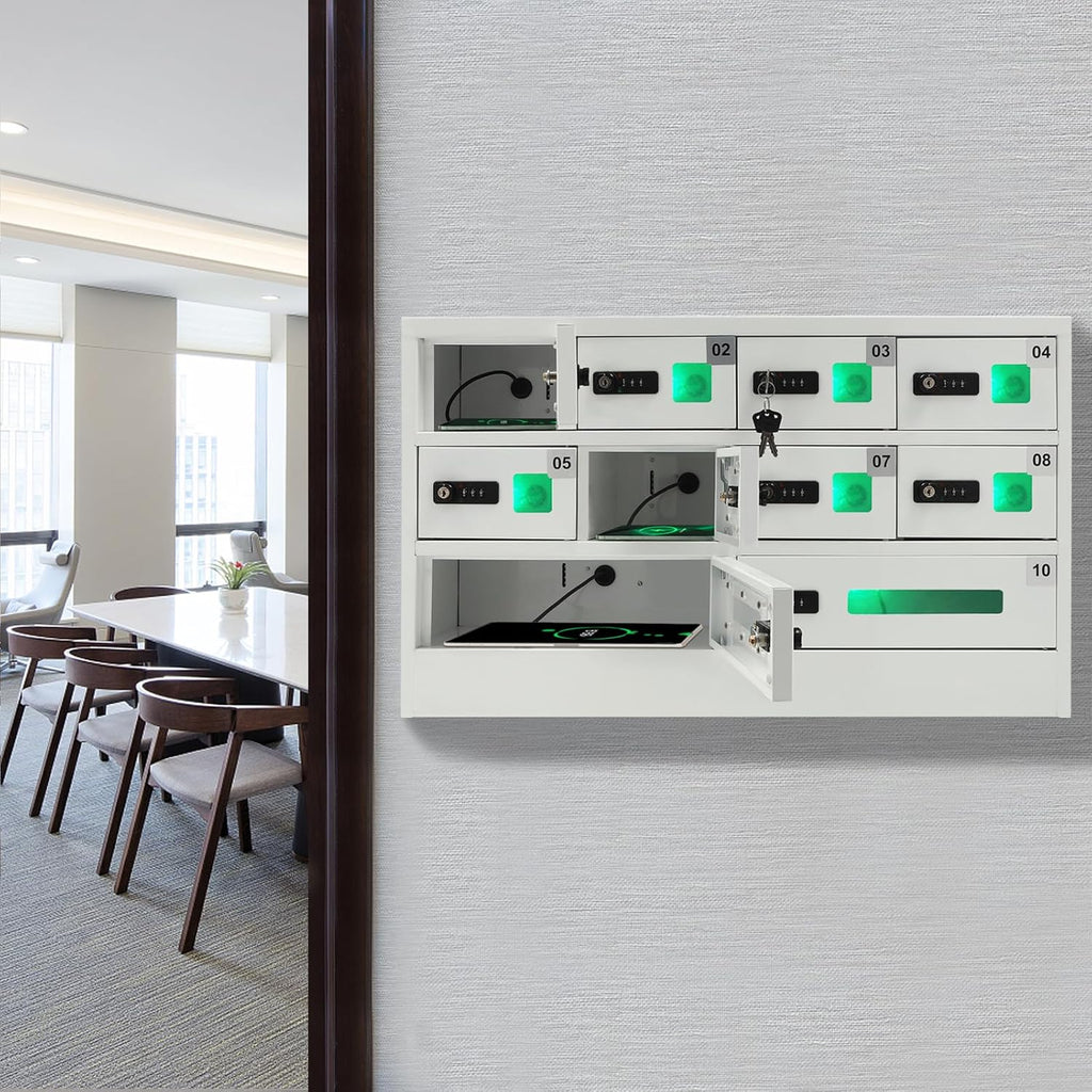 10 Slot Cellphone Charging Station Cell Phone Locker with Combination Lock, Cellphone Storage Cabinet with 3 in 1 QC3.0 Fast Charging Ports for Most Phones Tablets, for Office Classroom