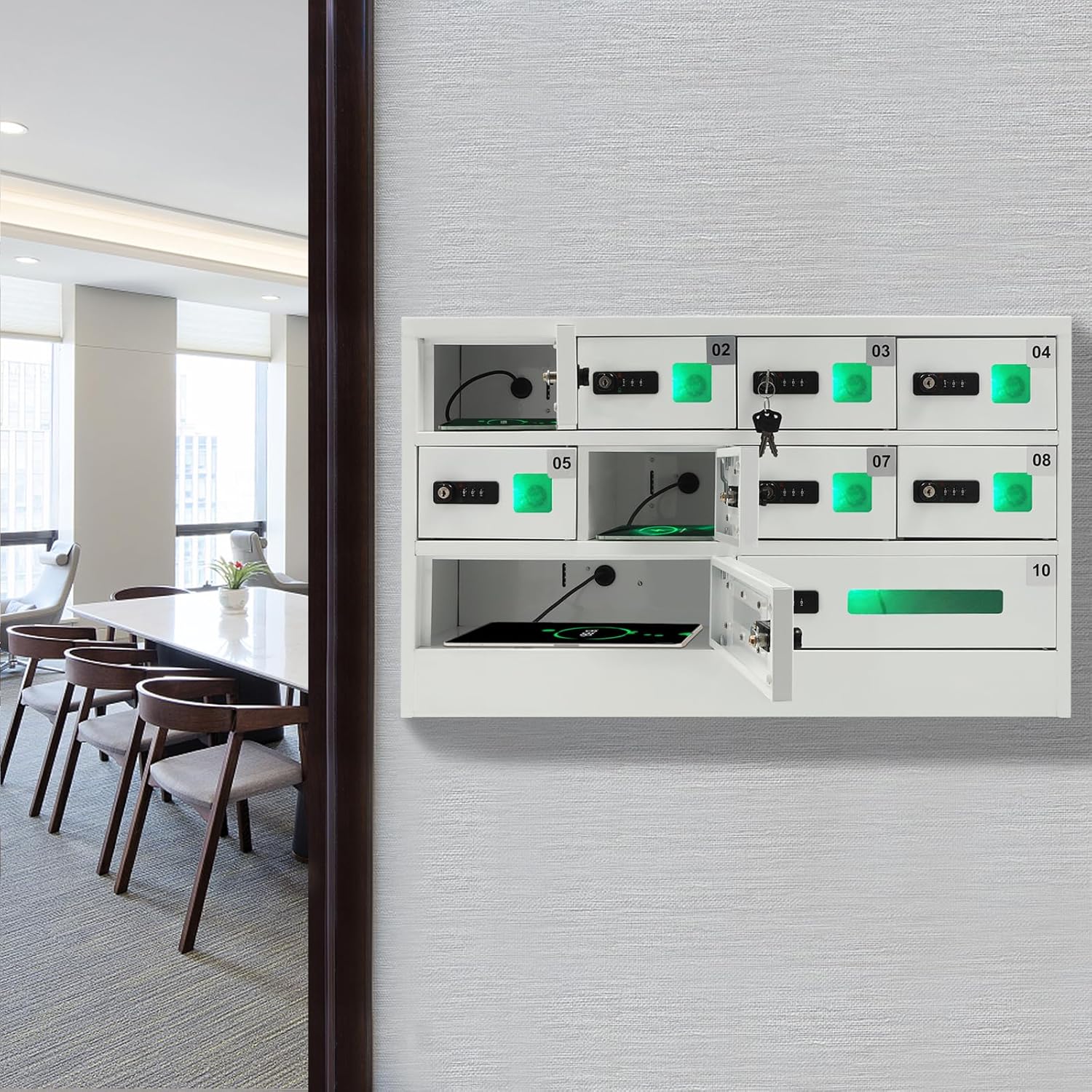 10 Slot Cellphone Charging Station Cell Phone Locker with Combination Lock, Cellphone Storage Cabinet with 3 in 1 QC3.0 Fast Charging Ports for Most Phones Tablets, for Office Classroom