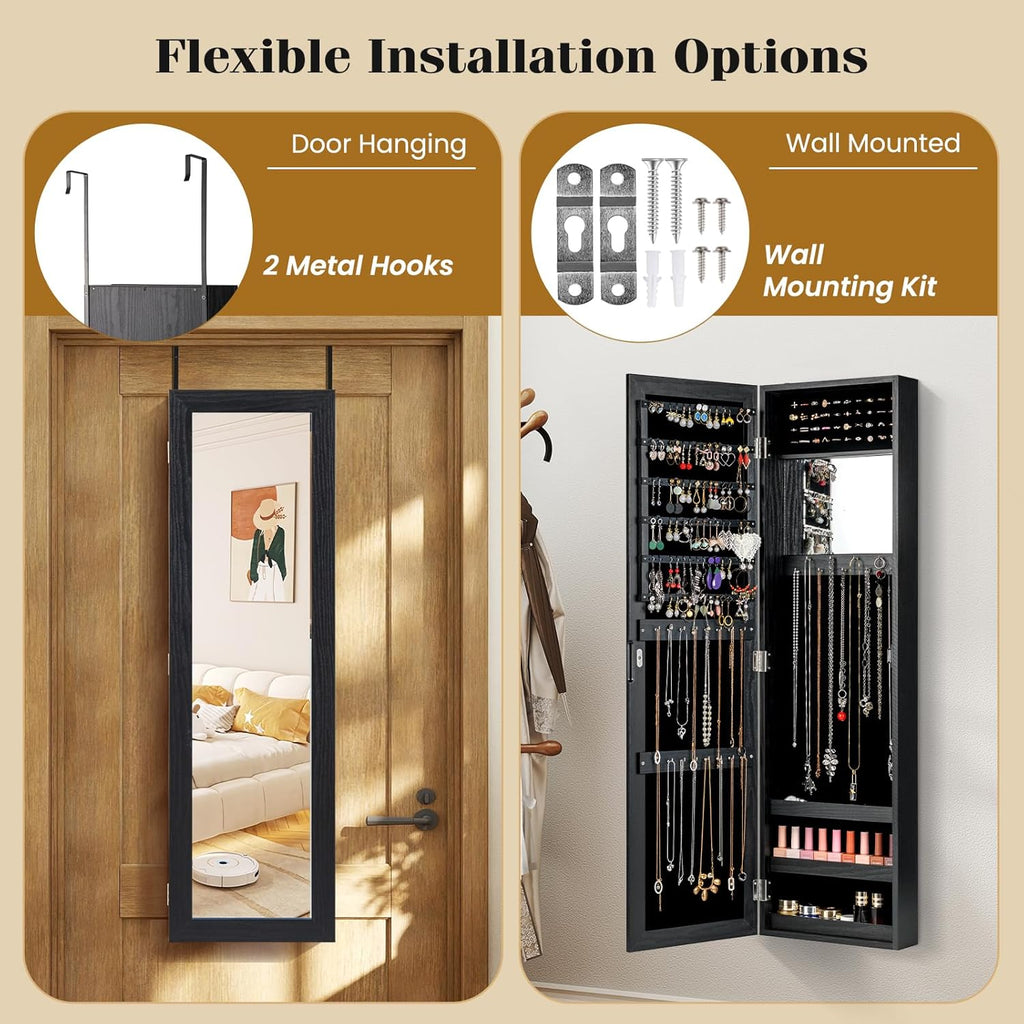 COSTWAY Full Length Mirror Jewelry Cabinet, Wall Door Mounted Jewelry Organizer with Makeup Mirror, Ring Slots & Necklace Hooks, Large Storage Jewelry Armoire for Bedroom, Dressing Room (Black)