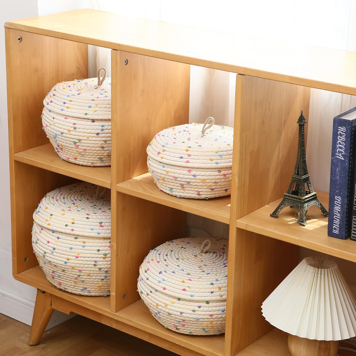 Sea Team Round Cotton Rope Storage Basket with Lid, Colorful Rainbow Pompom Woven Storage Bin, Pot, Caddy, Organizer, Container for Snacks, Towels, Plants, 13 x 9 Inches (Large, Rainbow)