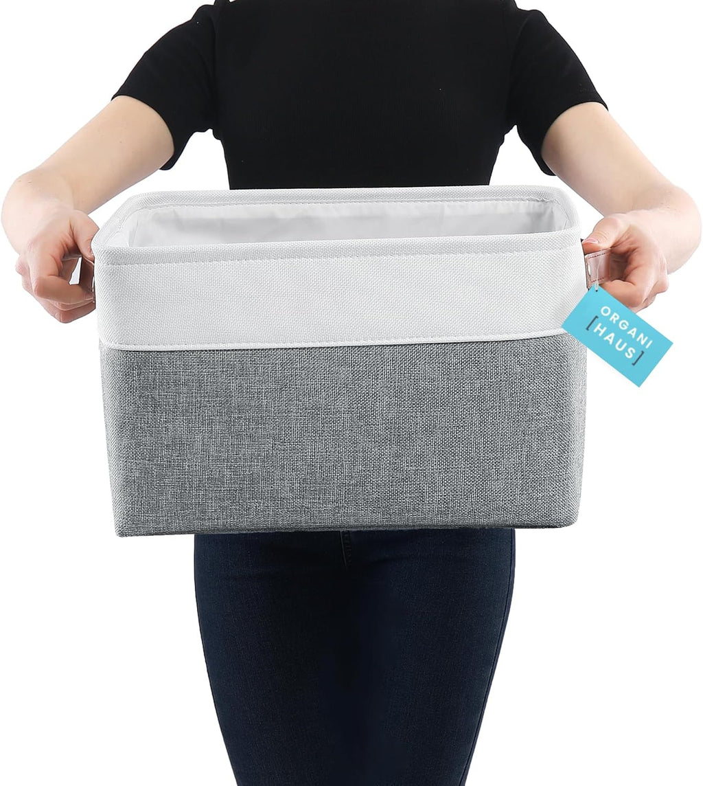 OrganiHaus Large Fabric Storage Baskets for Shelves 3 Pack, 15x11in Closet Storage Bins for Shelves, Canvas Baskets for Organizing, Linen Closet Organizers, Cloth Basket, Gray/Off-White