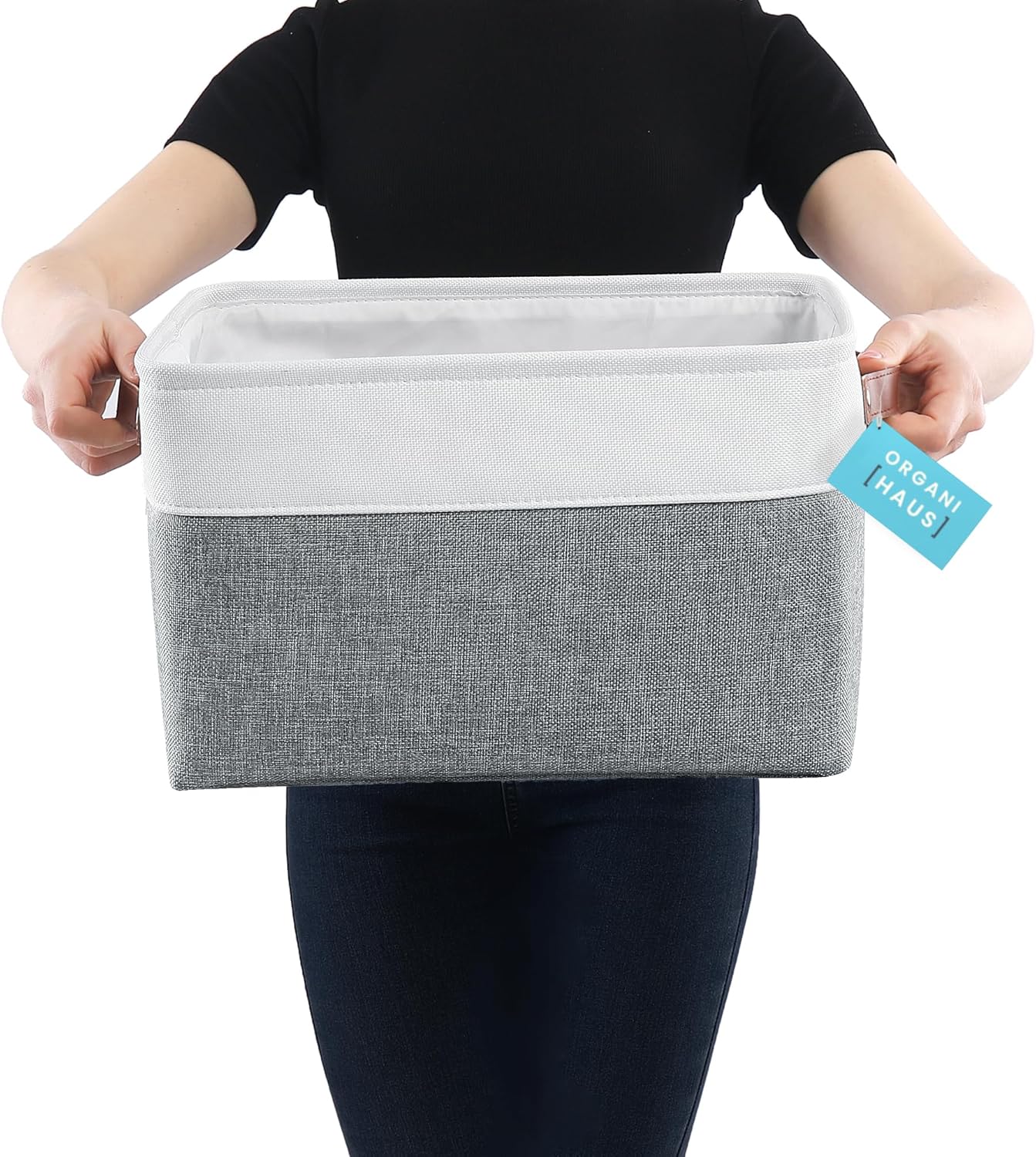 OrganiHaus Large Fabric Storage Baskets for Shelves 3 Pack, 15x11in Closet Storage Bins for Shelves, Canvas Baskets for Organizing, Linen Closet Organizers, Cloth Basket, Gray/Off-White