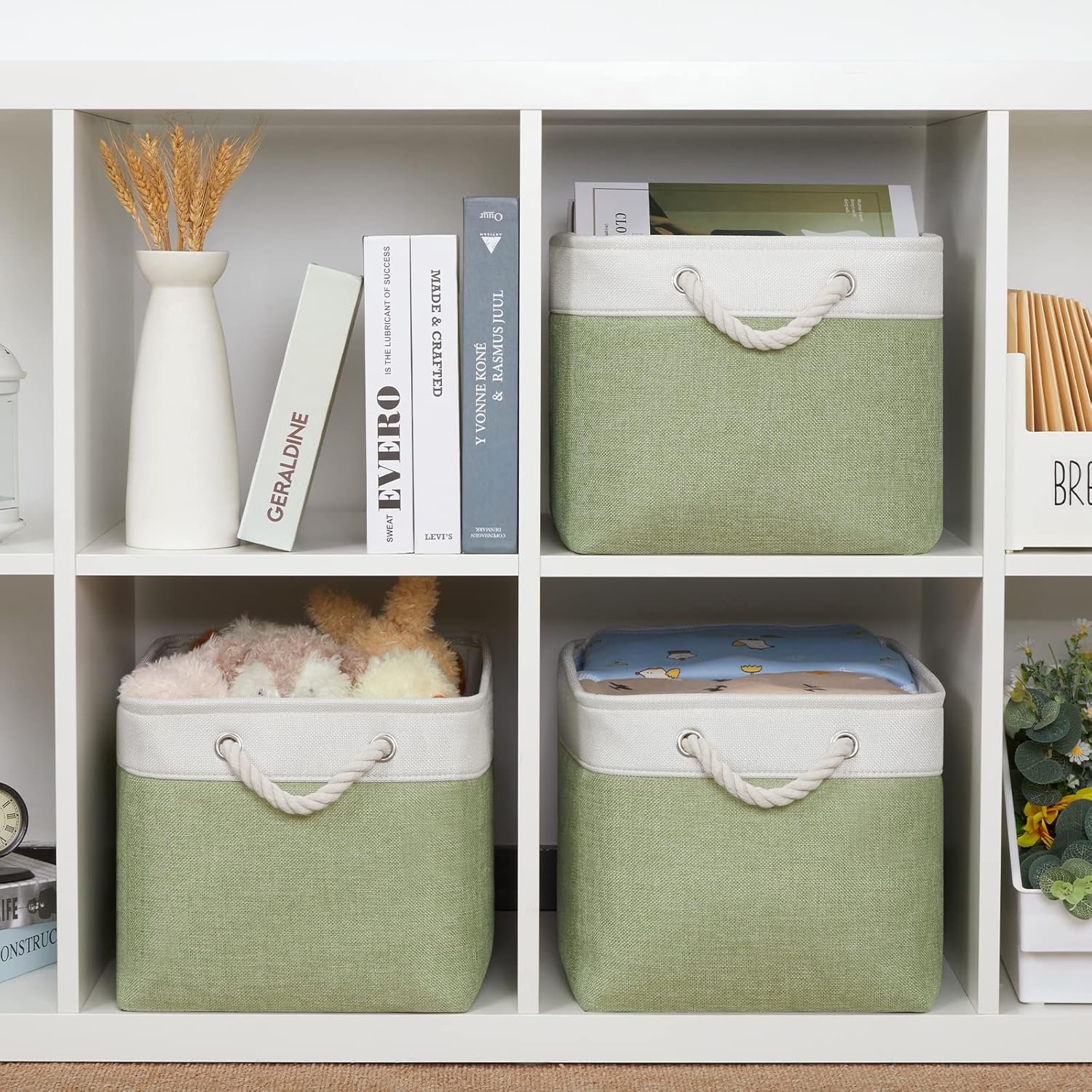 Bidtakay Large Fabric Baskets for Organizing [3-pack] Closet Organizers and Storage Baskets for Gifts Empty Foldable Nursery Baskets for Toy Storage 15 X 11 X 9.5 Inches (White&green)