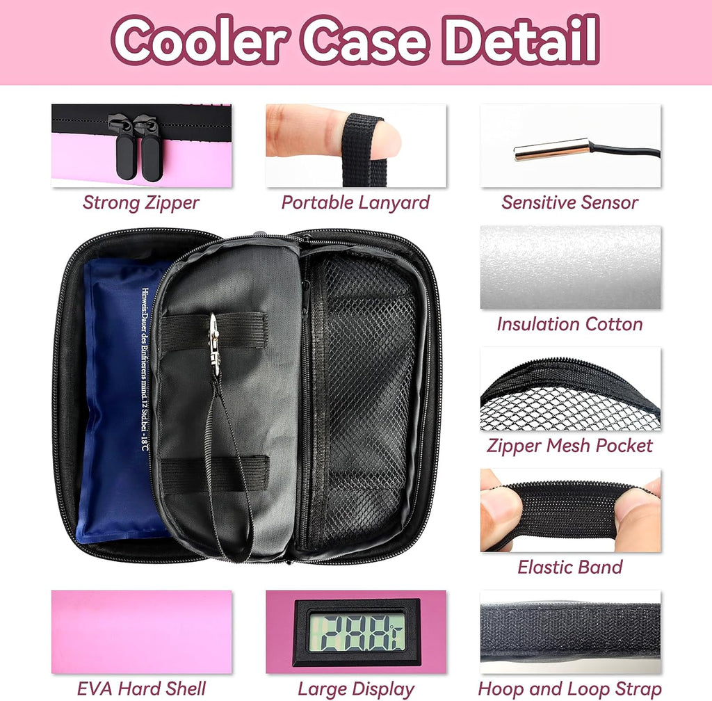 Insulin Cooler Travel Case, TSA Approved Medication Diabetic Cooler Organizer Bag with Thermometer Temperature Display 2 Ice Packs, Pink