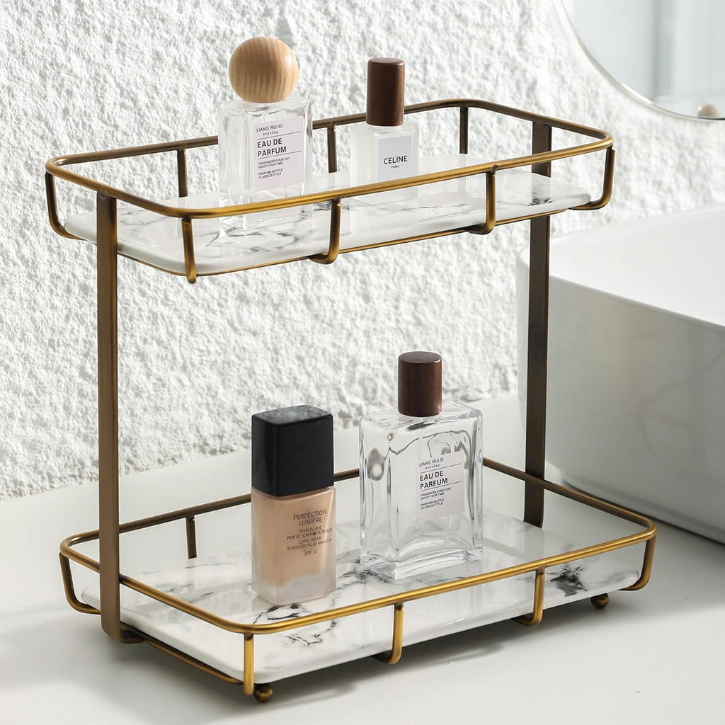 Bathroom Organizer Countertop Perfume Organizer Makeup Organizer Cosmetics Storage Display Rack Vanity Tray Dresser Stainless Steel Gold Shelf White Marble Ceramic Tray