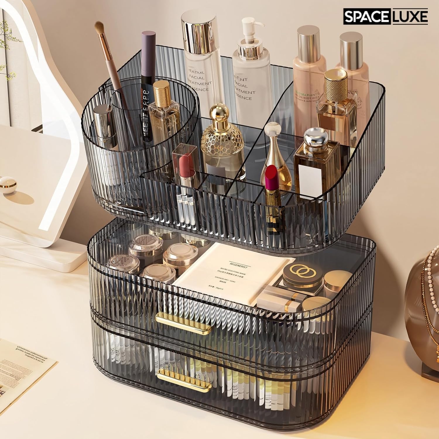 Makeup Organizer with Drawers and 360° Rotating Brush Holder, Large Capacity Cosmetic Storage for Vanity, Skincare, Perfume, Hair Accessories, Lipstick & Jewelry (Transparent Gray, 3-layer)