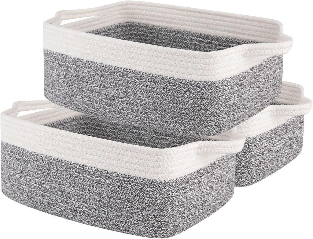 OIAHOMY 3 Pack Storage Baskets for Organizing, Woven Cotton Rope Basket for Shelves, Closet Organizer Bins with Handles, Rectangle Toy Organization, 13.78''×9.84''×5.5'', Grey & White