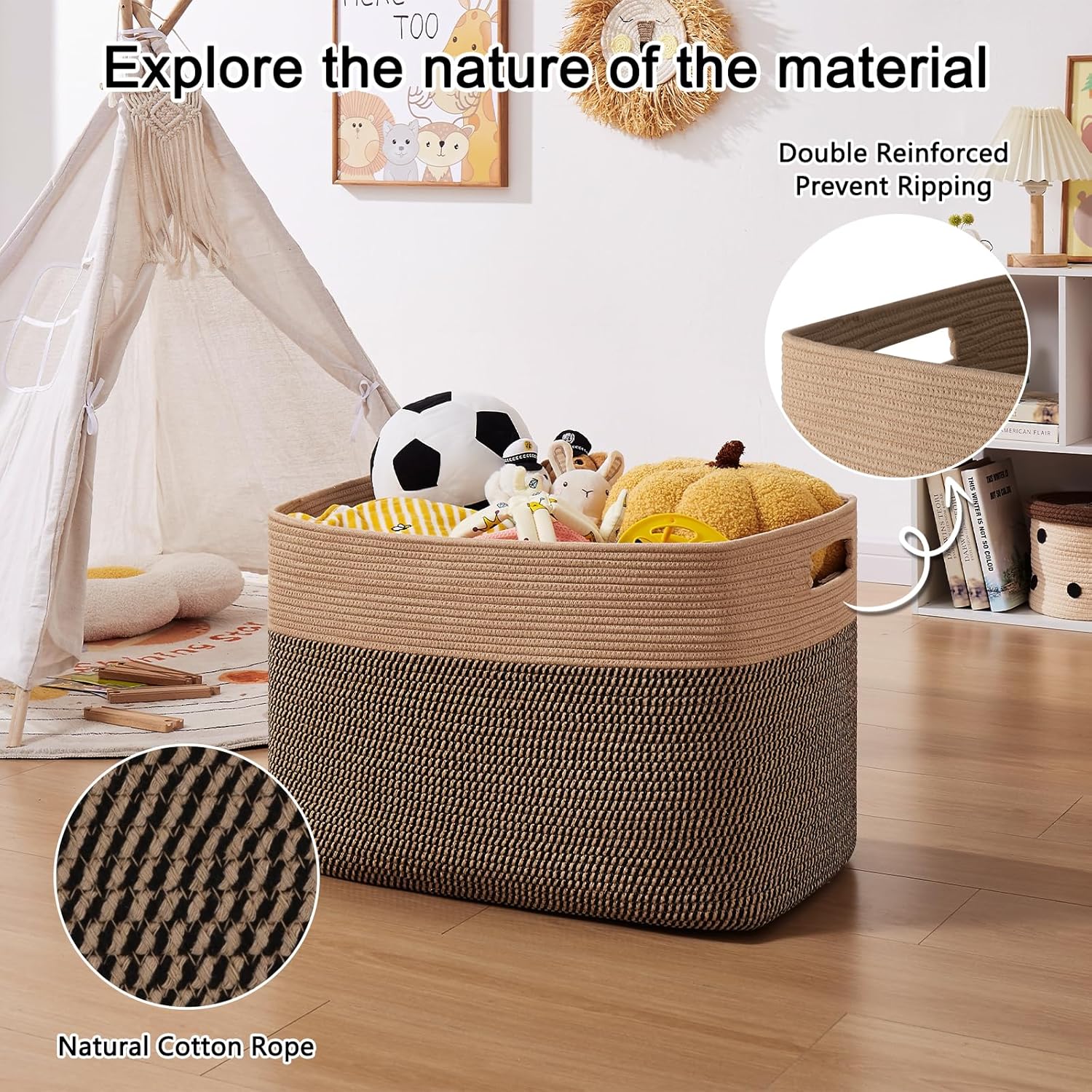 OIAHOMY 108L Extra Large Blanket Basket, 25”x16”x16” Laundry Basket, Blanket Storage for Living Room, Dog Toy Storage with Handle - Yellow & Black