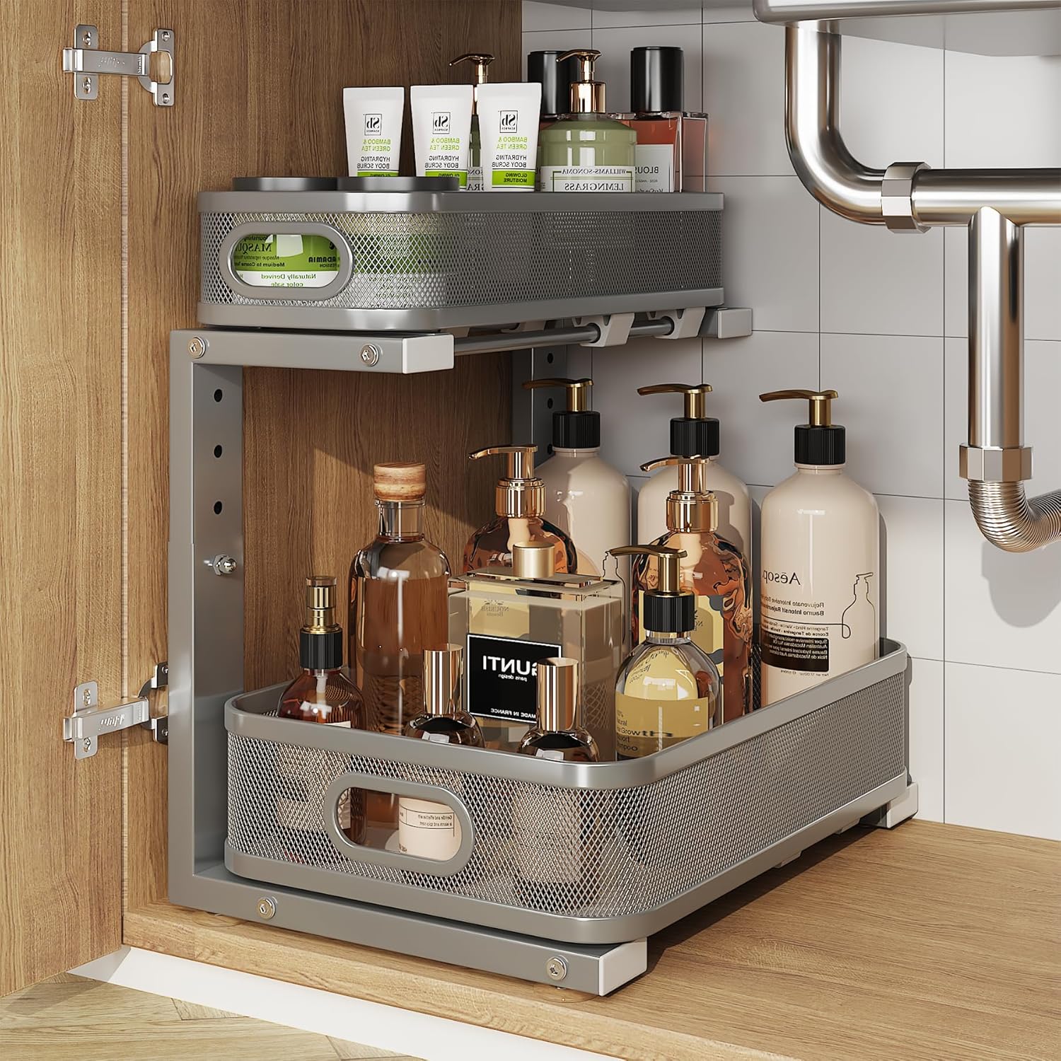 1 Pack 15.7IN-Depth Under Sink Organizer With Smooth Cylindrical Rail,2-Tier Pull Out Multi-Purpose Cabinet Storage for Bathroom&Kitchen,Height Adjustable,Rust-resistant Coating-Gun Gray