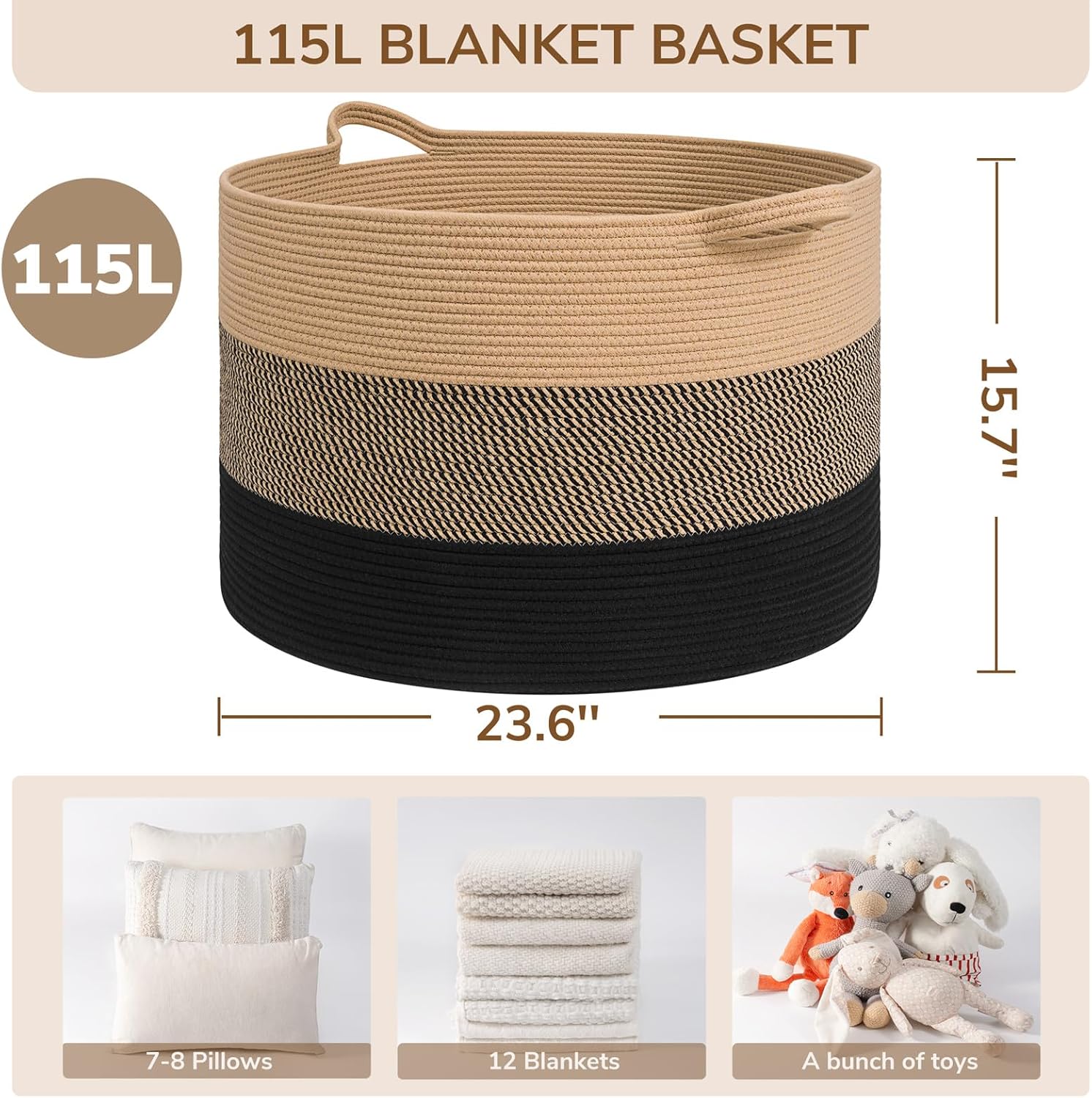 INDRESSME 115L Extra Large Blanket Basket for Apartment Décor, Woven Baby Laundry Hamper Shoe Basekts for Entryway, Wicker Storage Basket for Organizing, Camel Mix & Black