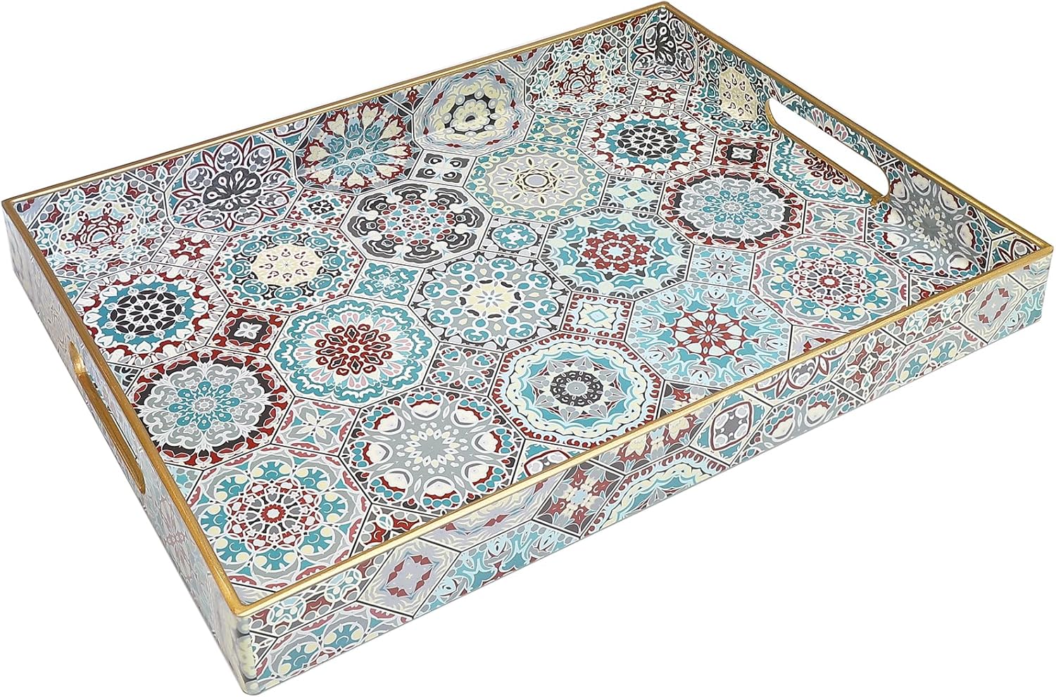 Spsyrine Decorative Serving Tray with Handles, Lacquered Coffee Table Tray for Ottoman, Rectangular Waterproof Platters for Centerpieces, Parties, Living Room, Kitchen Counter Organization SP3040RE2