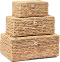 Set of 3 Wicker Storage Baskets with Lid, Large Rectangular Rattan Basket Decorative Boxes, Natural Water Hyacinth Wicker Basket for Shelf Organizer, Nursery Room