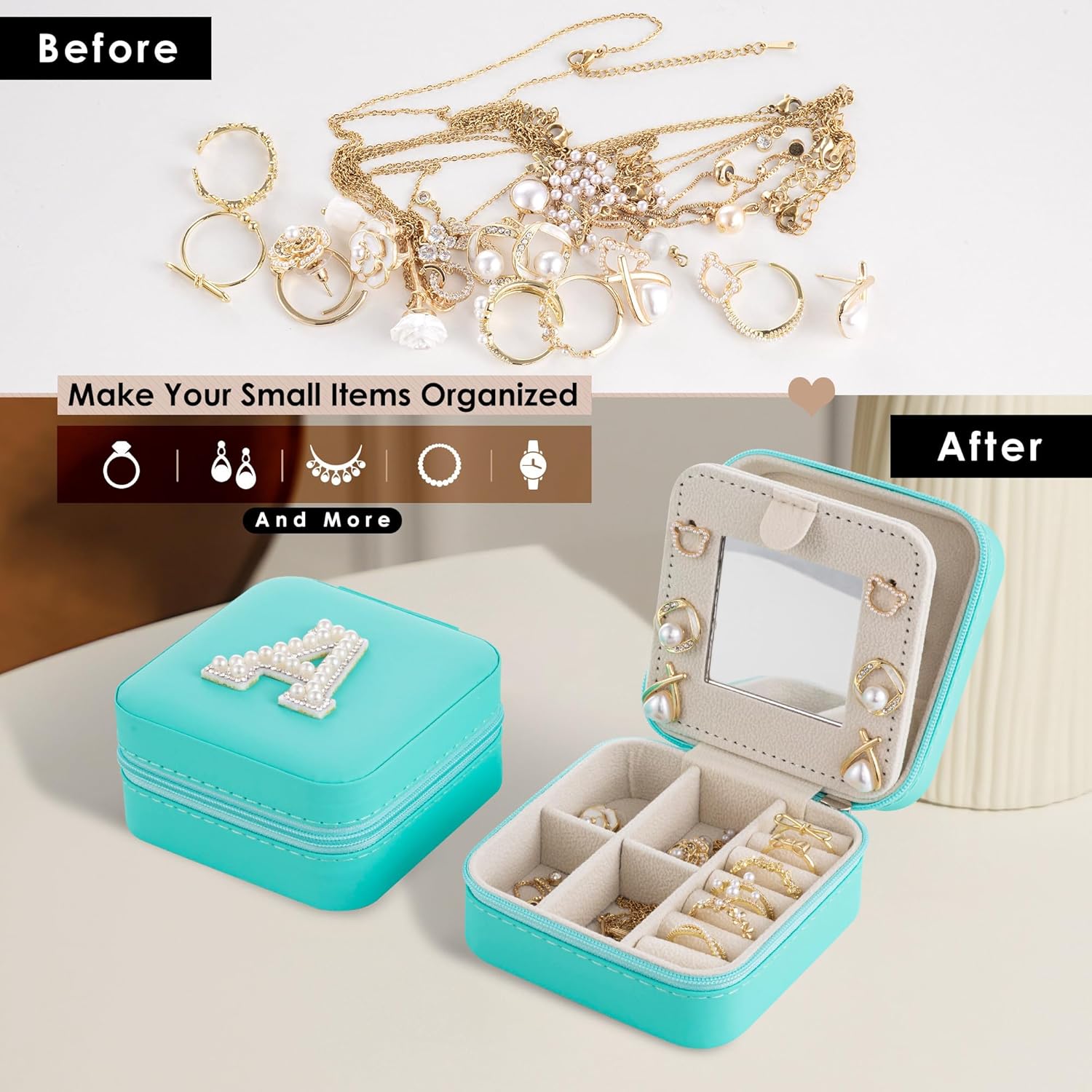 Initial Jewelry Box, Travel Jewelry Case, Blue, Modern, Mother's Day Gift for Women