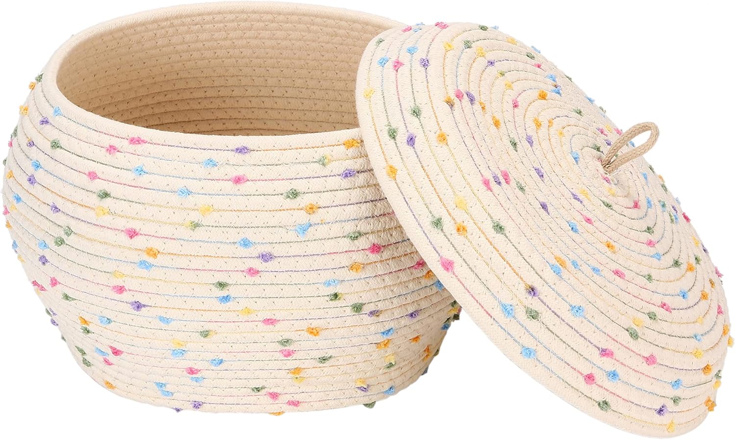 Sea Team Round Cotton Rope Storage Basket with Lid, Colorful Rainbow Pompom Woven Storage Bin, Pot, Caddy, Organizer, Container for Snacks, Towels, Plants, 13 x 9 Inches (Large, Rainbow)