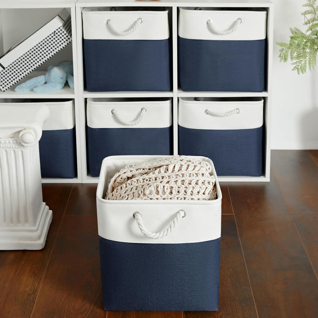 Fabric Storage Cubes, 11 inch cube storage bin with Handles, 11x11cube storage organizer bins, Collapsible Storage Bins for Shelves and Home, Cubby Storage Bins (white-navy, 10.5x10.5x11in)