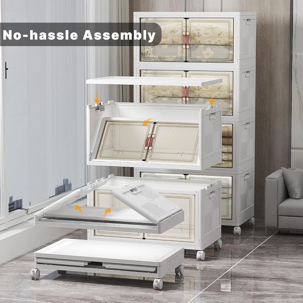 Extra Large Stackable Storage Bins with Lids & Wheels & Door, 640QT-160QT/40GAL*4Pack Foldable Collapsible Closet Organizers, Plastic Containers Drawers for Bedroom Dorm Garage Sturdy MAX