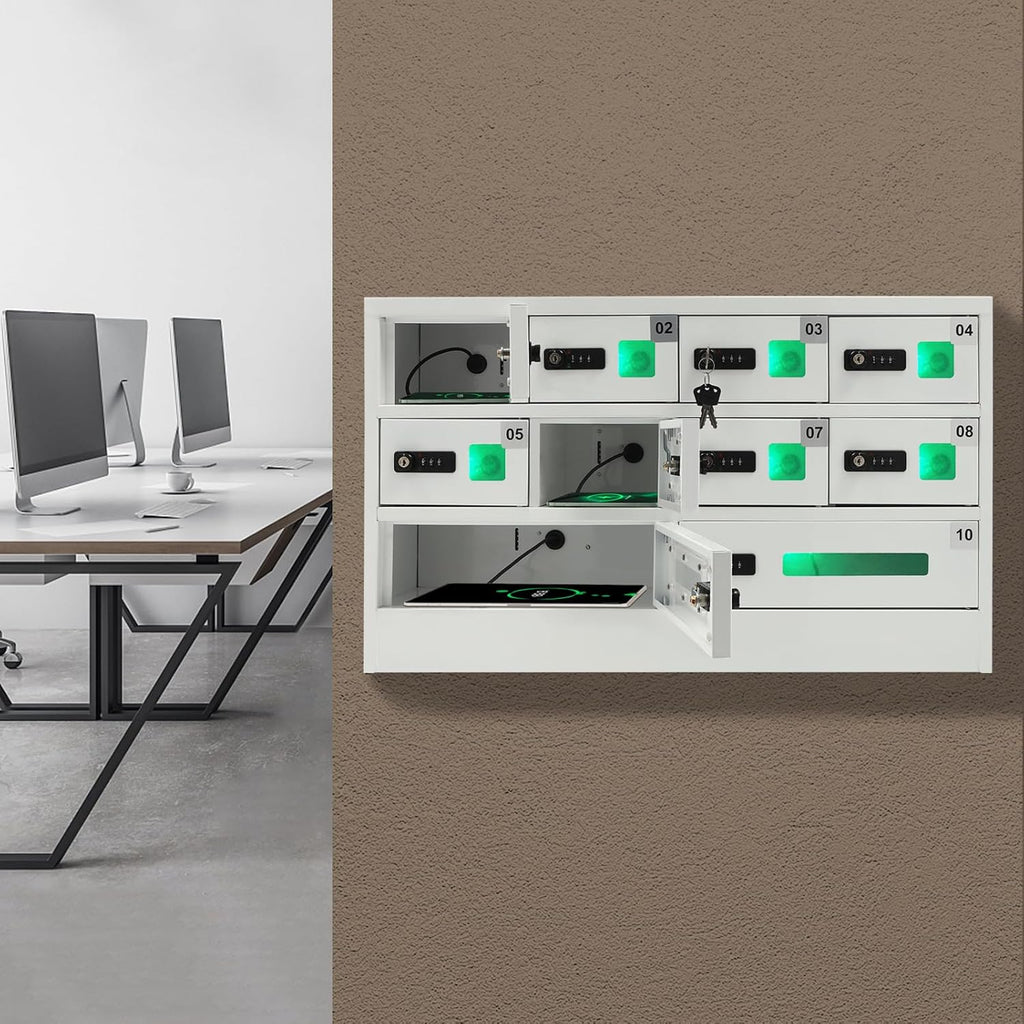 10 Slots Cell Phone Locker Charging Station & Locker Cellphone Charging Station Cabinet with Combination Lock, Tablet Computer and Mobile Phone Charging Station with 3 in 1 Charging Ports
