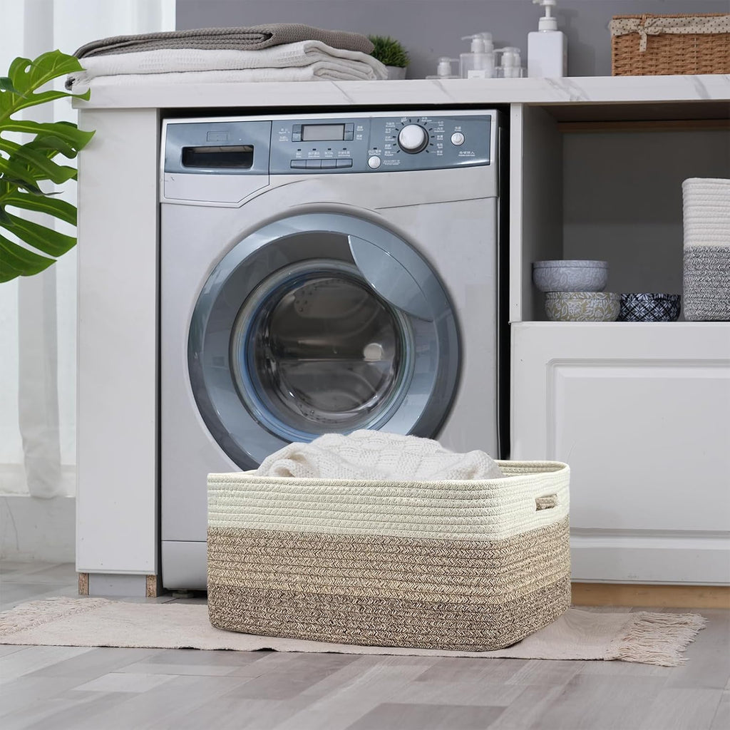 COMFY-HOMI 3 pcs Large Storage Baskets for Shelves, Laundry Basket, Woven Rope Basket, Closet Organizer Bins for Clothes Blanket Towels, Baby Nursery, Gift Toy Baskets, 17” x 13” x 7.5”-White/3 Brown