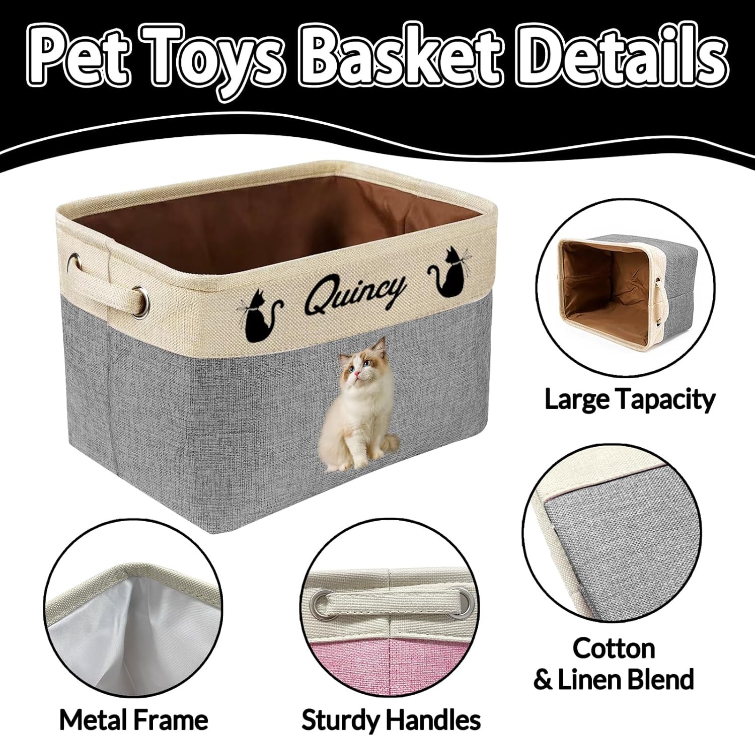 Personalized Dog Toy Storage Basket Custom Dog Name Photo Cat Pet's Gift Baskets Collapsible Organizer Box Foldable Storage Basket with Handle for Toys, Coats, Clothing, Blankets, Blue